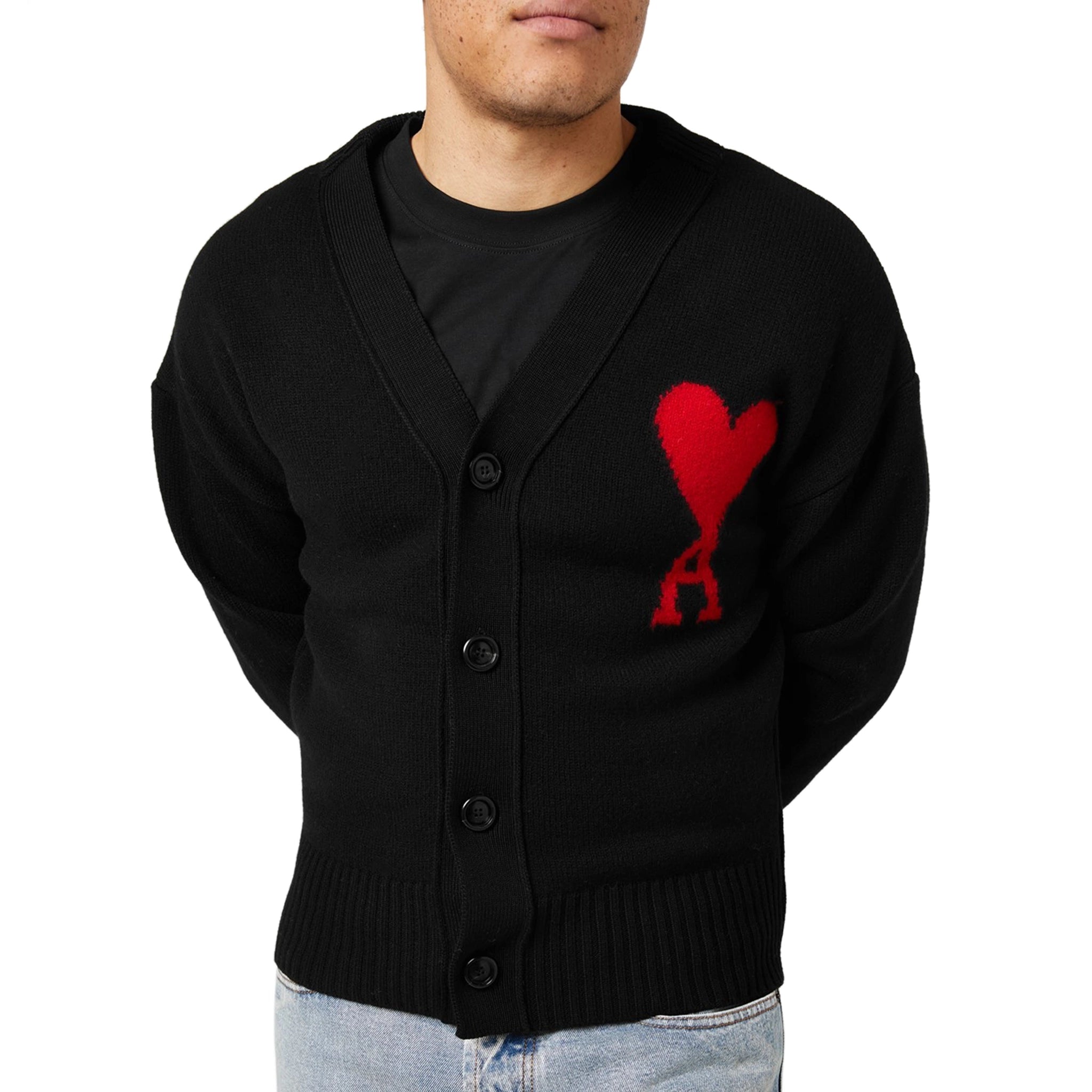 Ami Paris Ami De Coeur Black & Red Knit Cardigan Sweater for Women | Casual Chic Layering Piece for Fall & Winter Outfits