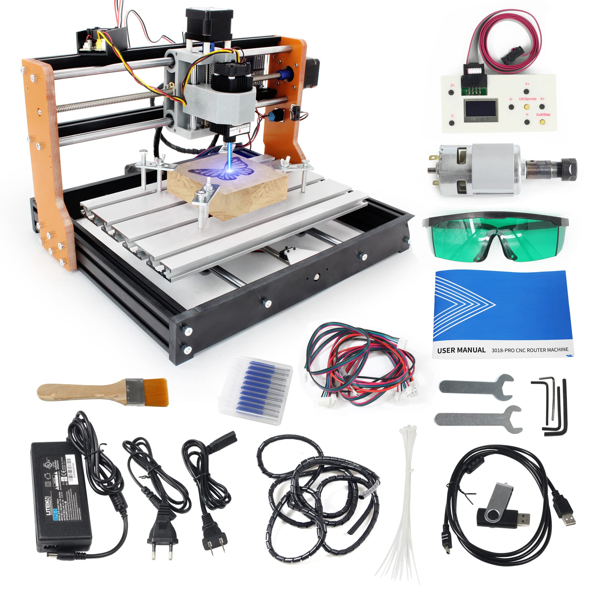RATTMMOTOR 3018 PRO CNC Router Machine 3 Axis with 5.5W Module, GRBL Offline Controller, Limit Switch & Emergency Stop - Mini CNC Engraver for Wood, Plastic, Acrylic, PVC, PCB Cutting | DIY Woodworking, Sign Making, PCB Prototyping, Hobby Craft Projects