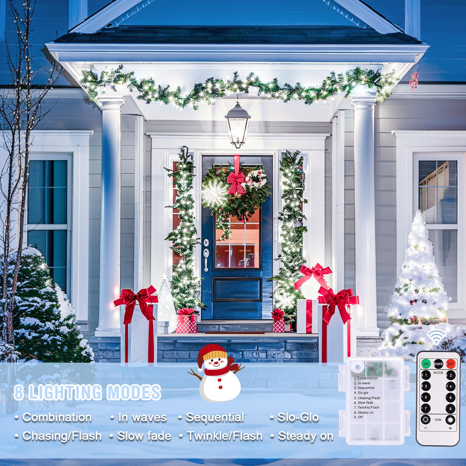 JMEXSUSS 33ft 100 LED White Battery Operated String Lights - Waterproof Outdoor Fairy Lights with Remote Control, 8 Lighting Modes for Christmas Decorations, Wedding, Bedroom, Tree & Garden Party Lighting