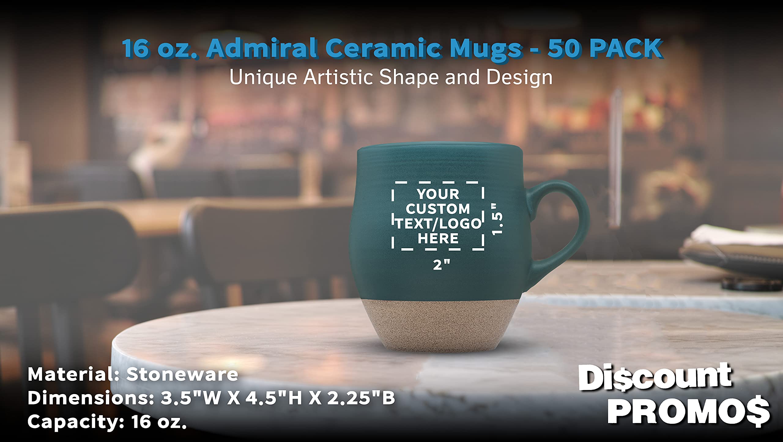Premium 16 oz Admiral Ceramic Coffee Mugs Set of 50 - Customizable Text & Logo - Stoneware Drinkware with C-Handle - Green - Perfect for Offices, Restaurants & Corporate Gifts