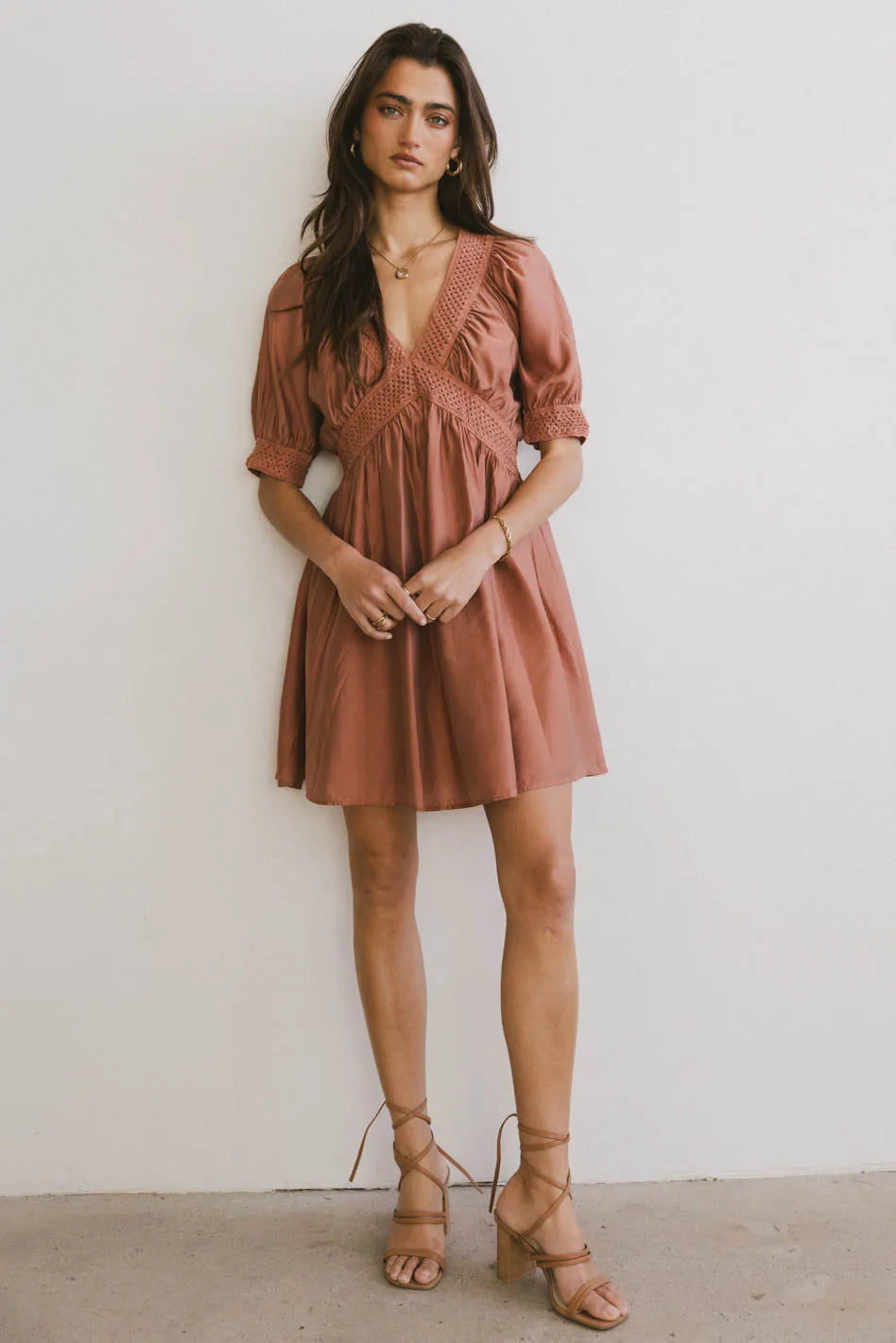 Lorna Mini Dress in Rust - Elegant Short Sleeve Summer Dress for Women | Perfect for Beach Vacations, Date Nights & Casual Outings | FINAL SALE