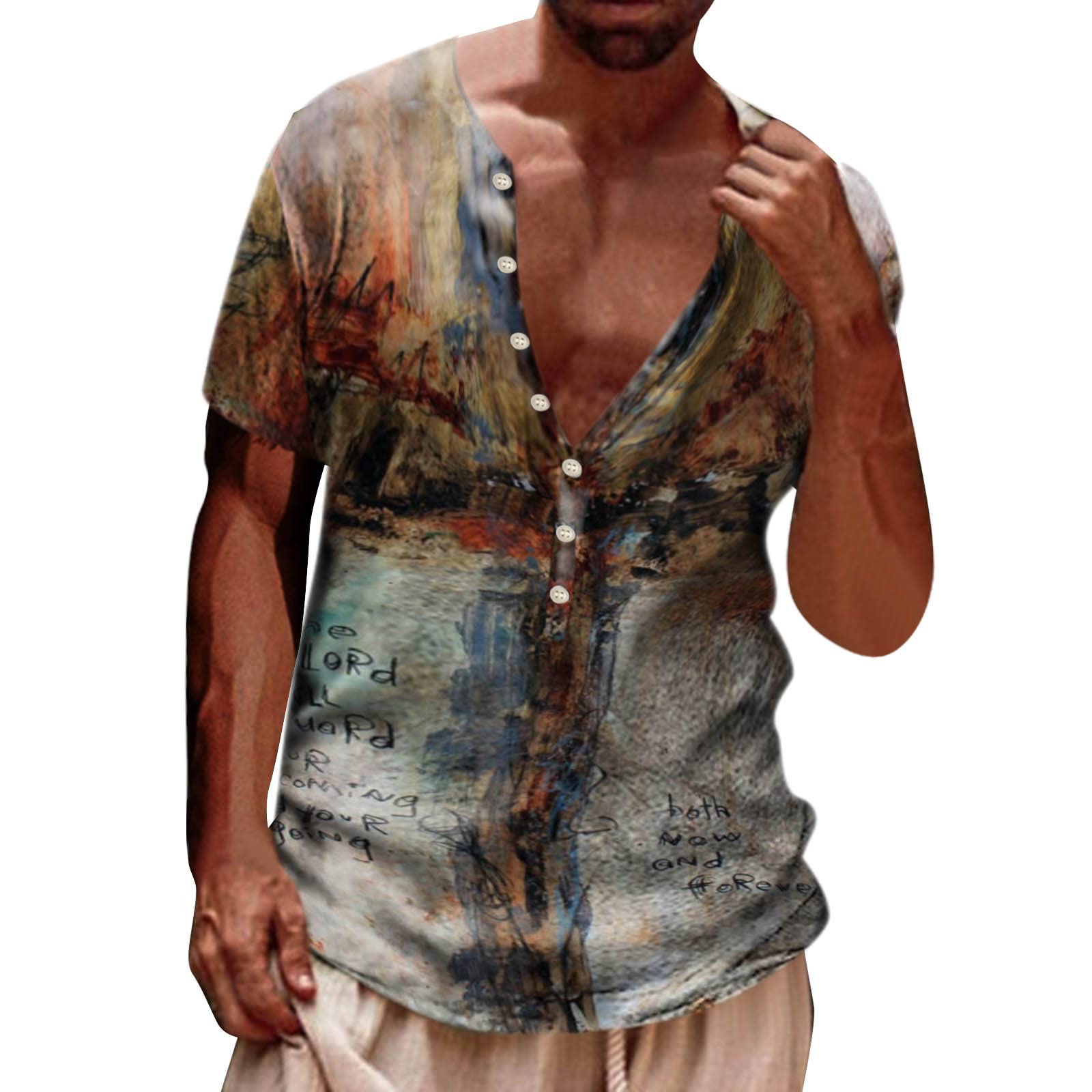 Fxbar Distressed Round Neck Slim Fit T-Shirt for Men - Short Sleeve Summer Beach Shirt with Tropical Print | Perfect for Casual Wear, Vacations & Outdoor Activities