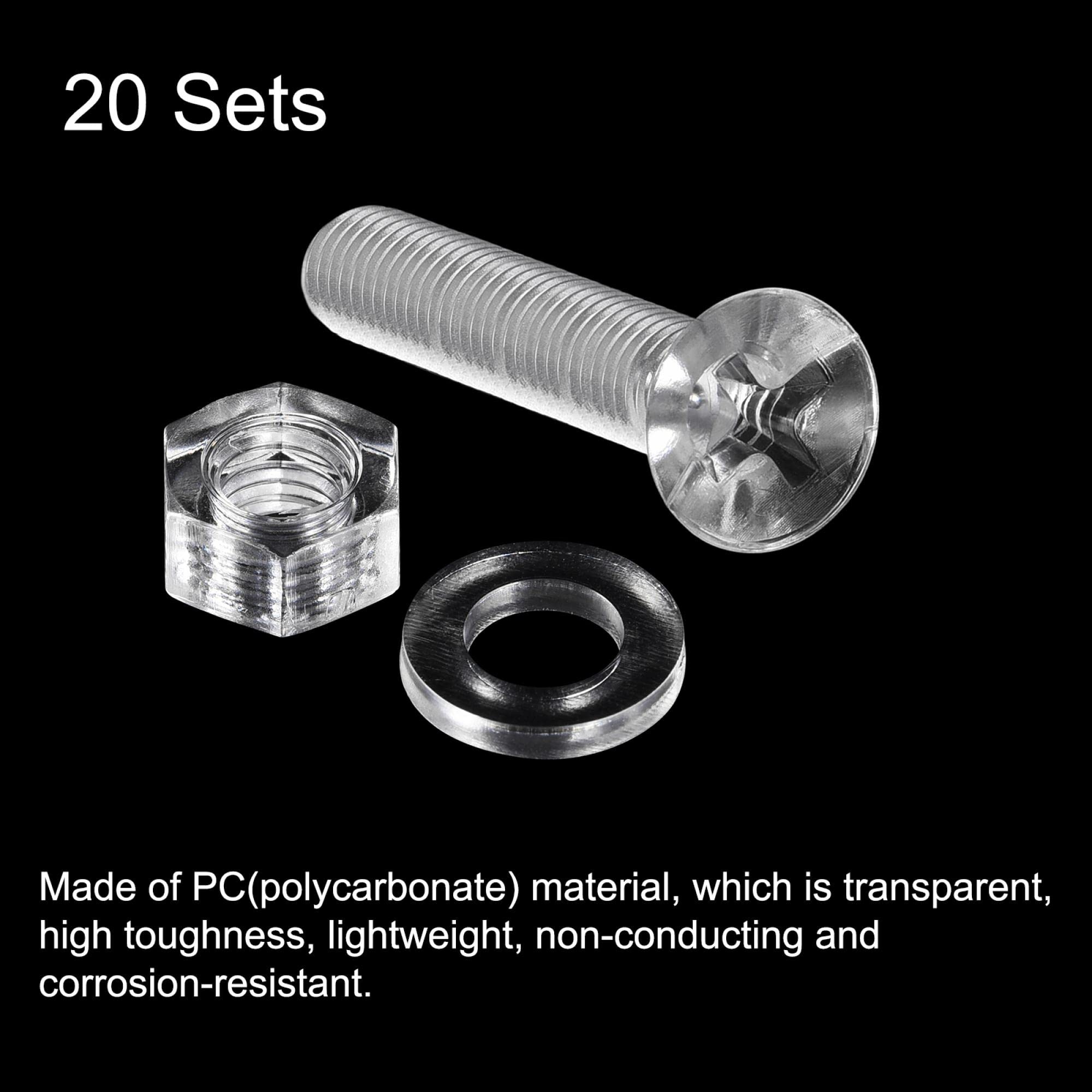 uxcell M5 x 30mm Transparent Plastic Phillips Machine Screws with Nuts & Washers - 20 Sets for PC, Electronics, DIY Projects & Home Repair