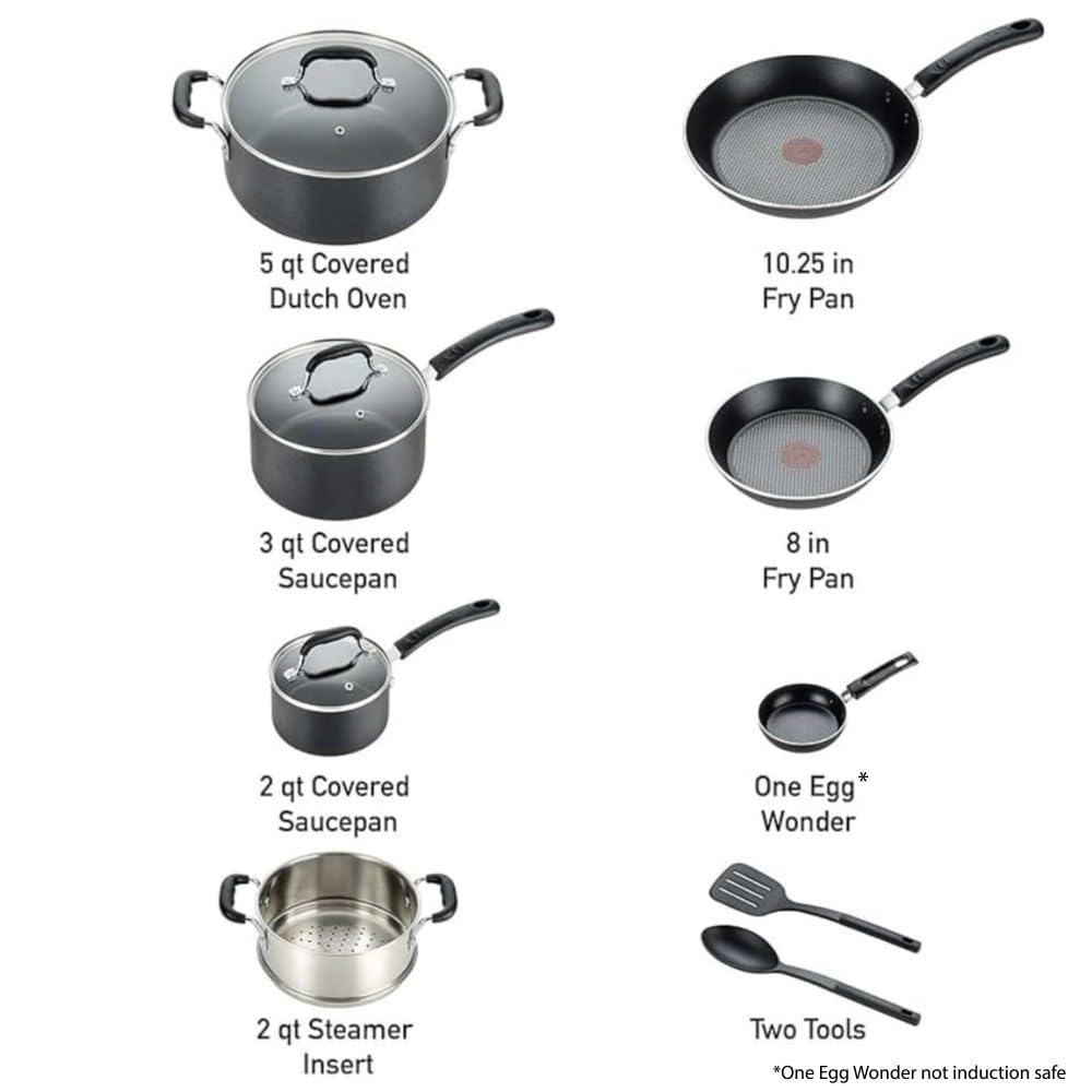 T-fal Experience 12-Piece Nonstick Cookware Set - Induction Compatible, Oven & Broiler Safe to 350°F - Includes Fry Pans, Saucepan, Stockpot & Kitchen Utensils - Dishwasher Safe Black Cookware for Everyday Cooking & Family Meals