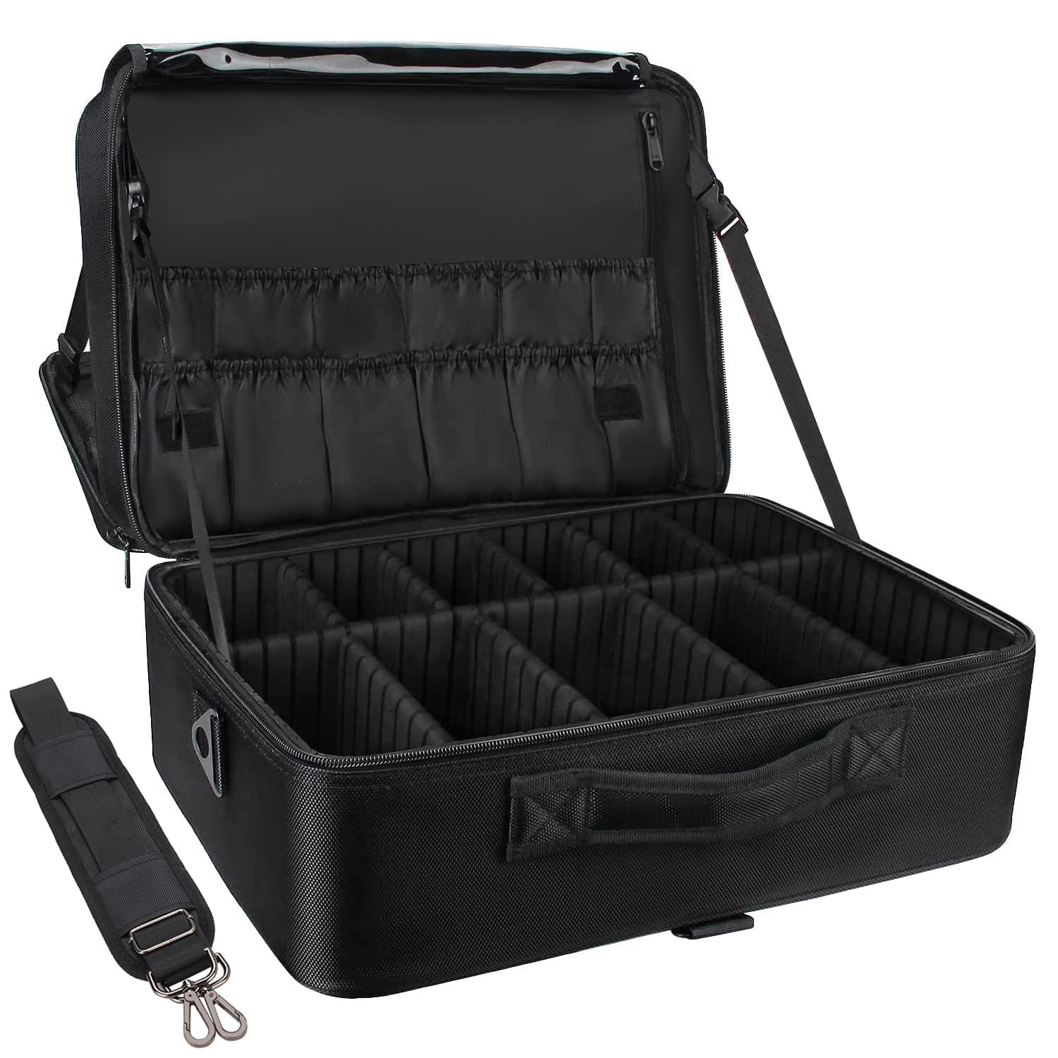 Relavel Extra Large Professional Makeup Train Case - Travel Makeup Bag with Adjustable Dividers, Nail Organizer & Shoulder Strap - Perfect for Makeup Artists, Cosmetologists & Travel (Black) | Ideal for Salon, Air Travel & On-the-Go Beauty Professionals