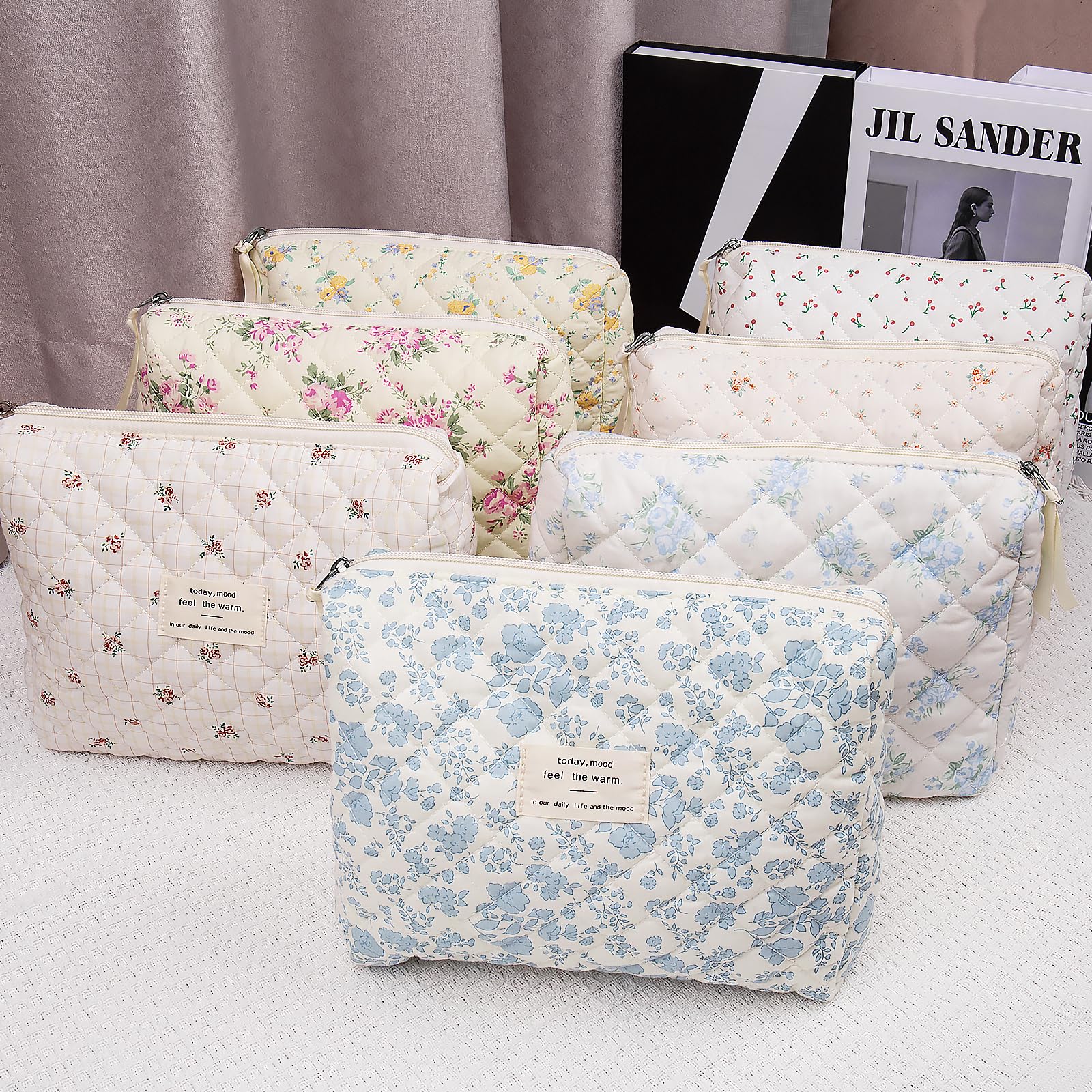 Floral Makeup Bag for Women - Small Cute Cotton Cosmetic Pouch with Quilted Design, Flower Travel Toiletry Organizer (White Cherry) - Perfect for Travel, Gym & Daily Essentials Storage