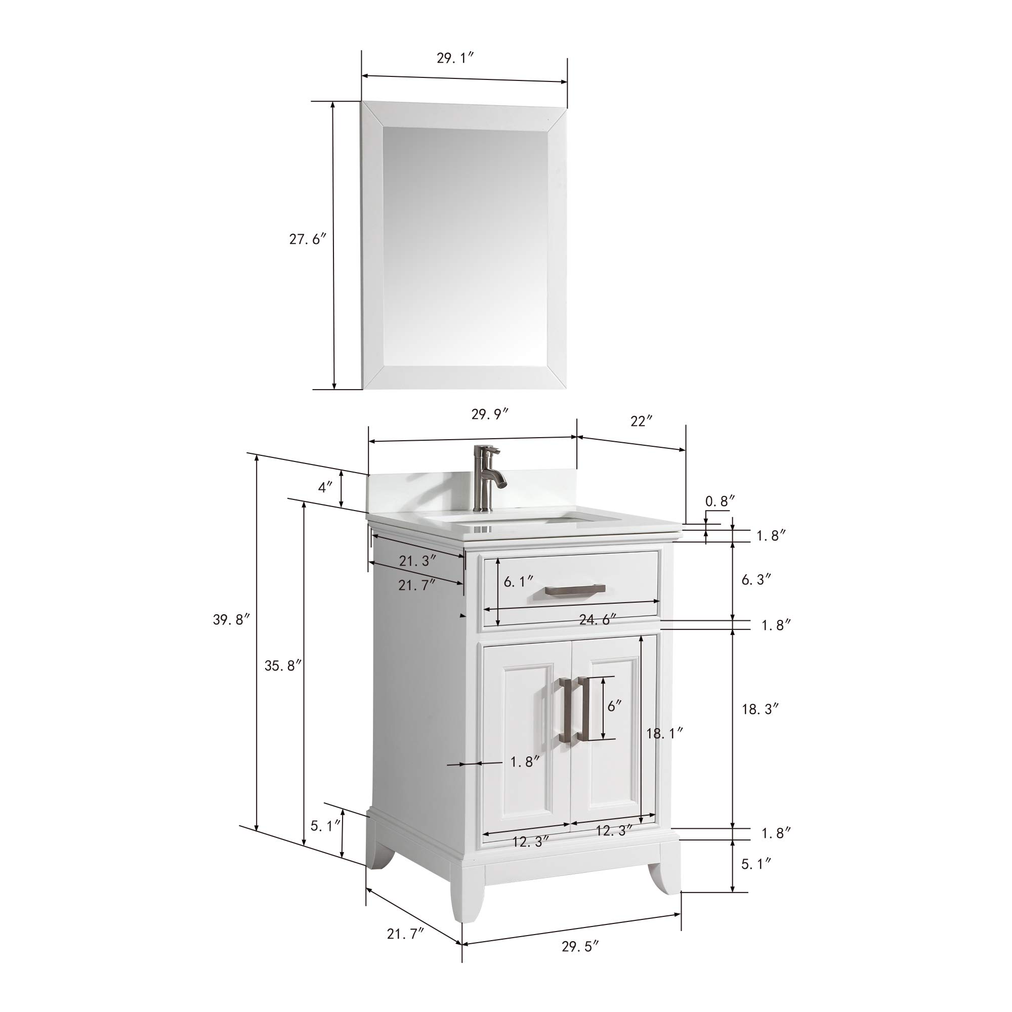 Vanity Art 30 Inch Modern Bathroom Vanity Set with Carrara Marble Top, Sink & Mirror - Soft Close Doors, Dovetailed Drawers, Brushed Nickel Handles (VA1030-W) | Perfect for Small Bathrooms, Powder Rooms & Master Bath Renovations