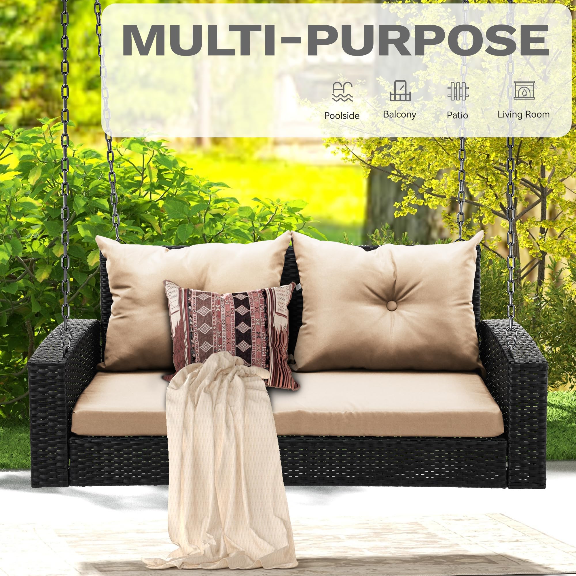 DWVO Brown Rattan Hanging Porch Swing Chair - 530lb Capacity Outdoor Patio Swing with 2 Cushions for Garden, Balcony, Backyard - Perfect for Relaxing, Lounging & Reading in Your Outdoor Space