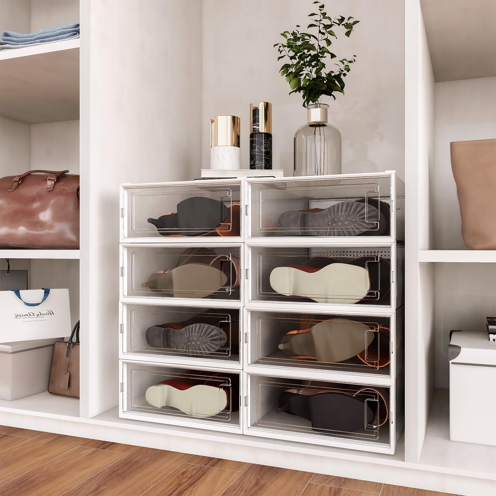 PARANTA 8-Piece Boot Storage Box & 12-Piece Shoe Organizer - Stackable Clear Plastic Shoe Box with Transparent Door for Closet, Entryway, and Bedroom Organization