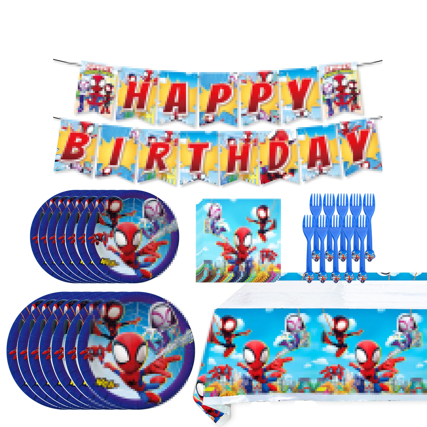 Spider Themed Birthday Party Decorations Set - Includes Tablecloth, Napkins, Plates, Forks & Banner - Perfect for Boys and Girls Halloween or Superhero Themed Parties