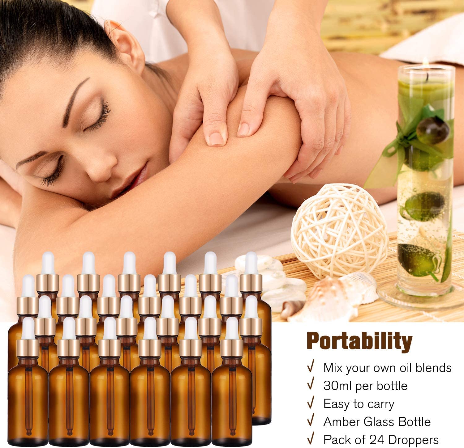 30ml Amber Glass Dropper Bottles with Golden White Glass Droppers - 3 Pack for Essential Oils, Cuticle Oils & Body Oils | Perfect for DIY Skincare, Aromatherapy & Herbal Tinctures