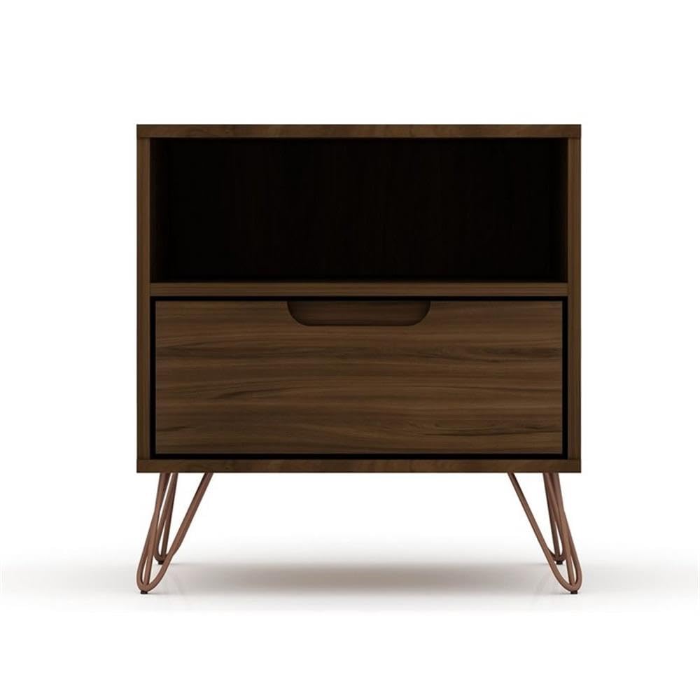 Mid Century Modern Nightstands Set of 2 - Manhattan Comfort Rockefeller Bedside Tables with Drawer & Cubby Storage, Brown Wood Bedroom Furniture for Master Bedroom, Guest Room or Living Room - Perfect for Storing Books, Lamps & Bedside Essentials