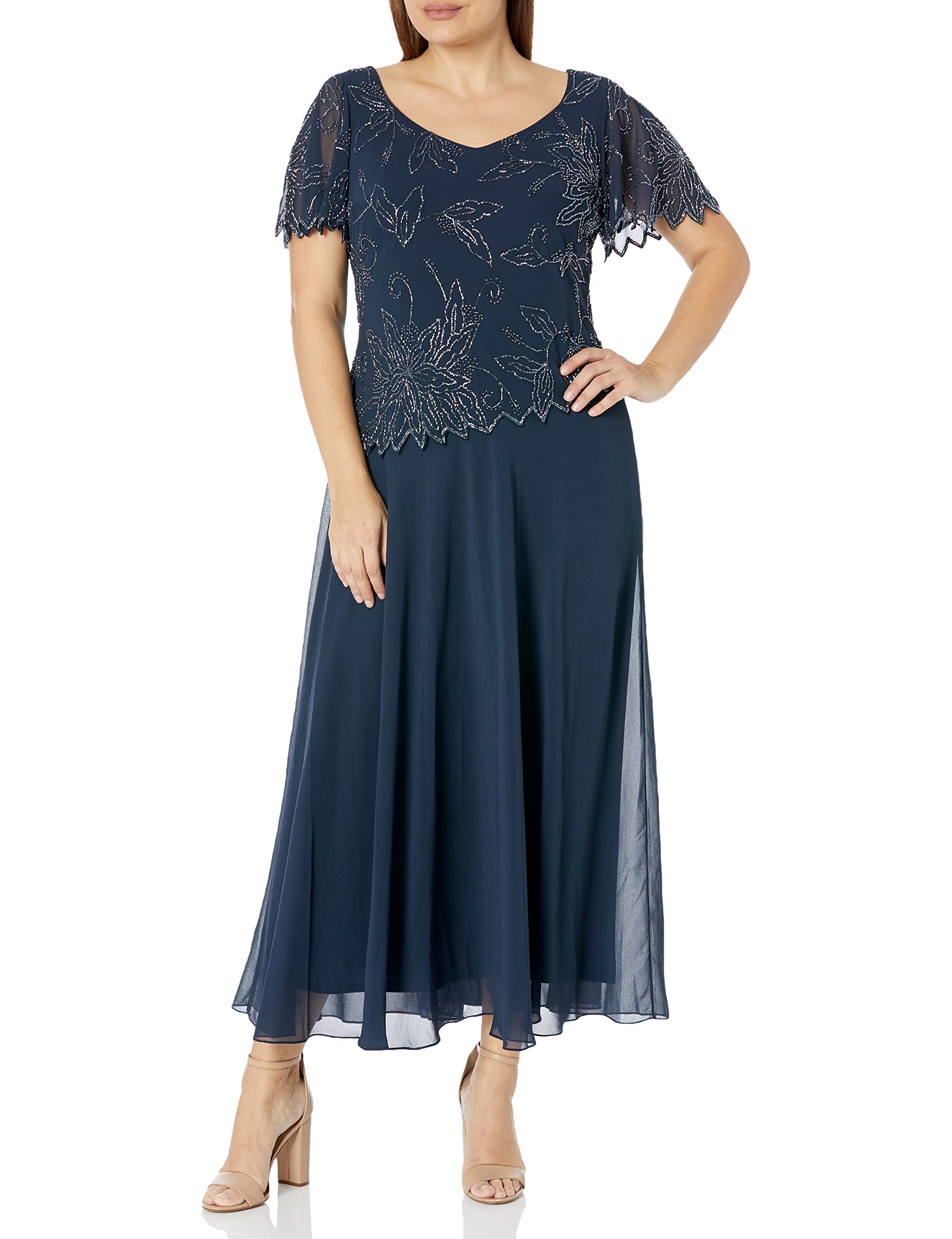 J Kara Women's Plus Size Flutter Sleeve Beaded Long Dress for Evening Party, Wedding Guest, Prom & Special Occasions - Elegant Formal Gown with Beaded Details
