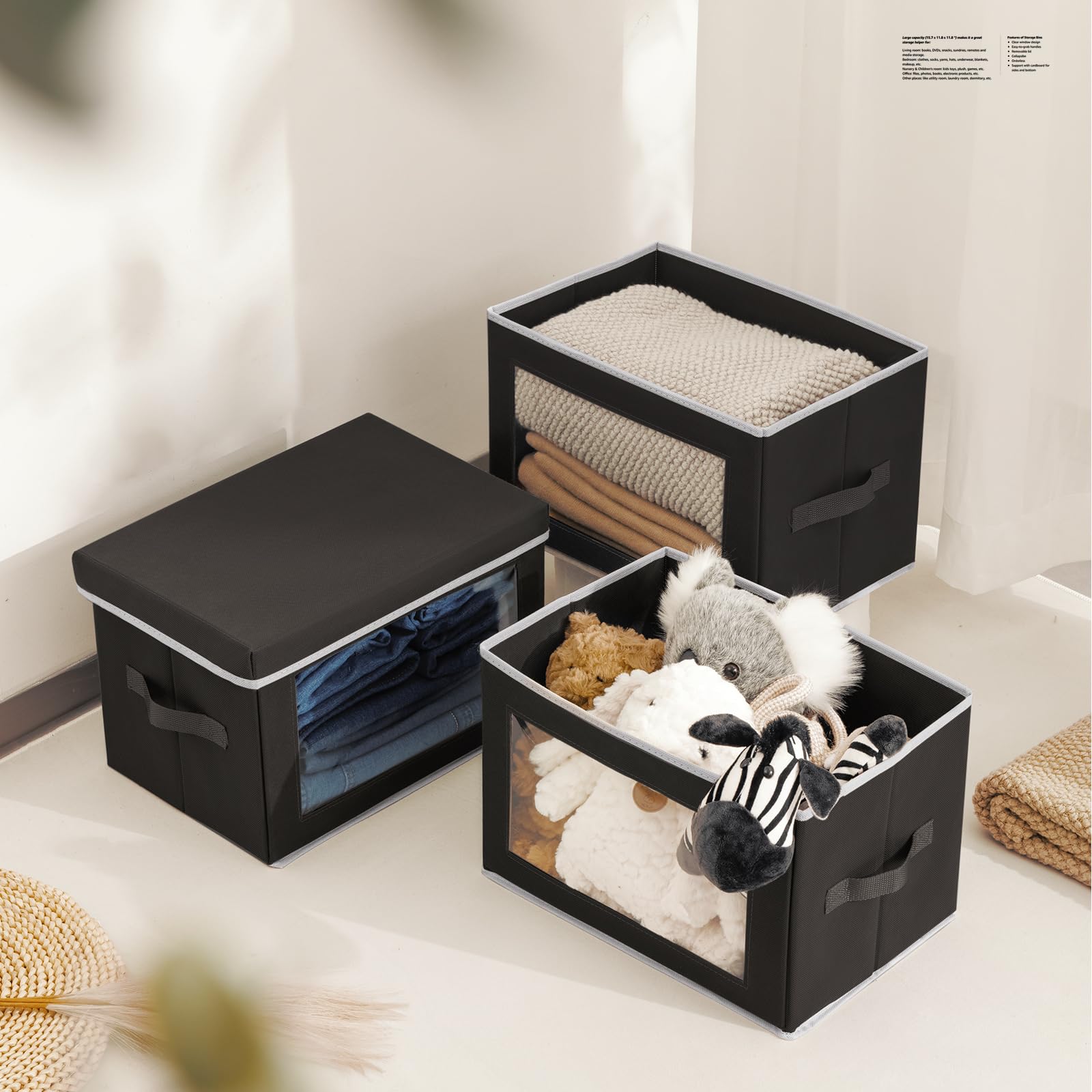 Collapsible Storage Bins with Lids & Handles - 3 Pack Fabric Closet Organizers with See-Through Window for Clothes, Towels, Books - Perfect for Bedroom, Closet, Nursery & Office Organization (Black)