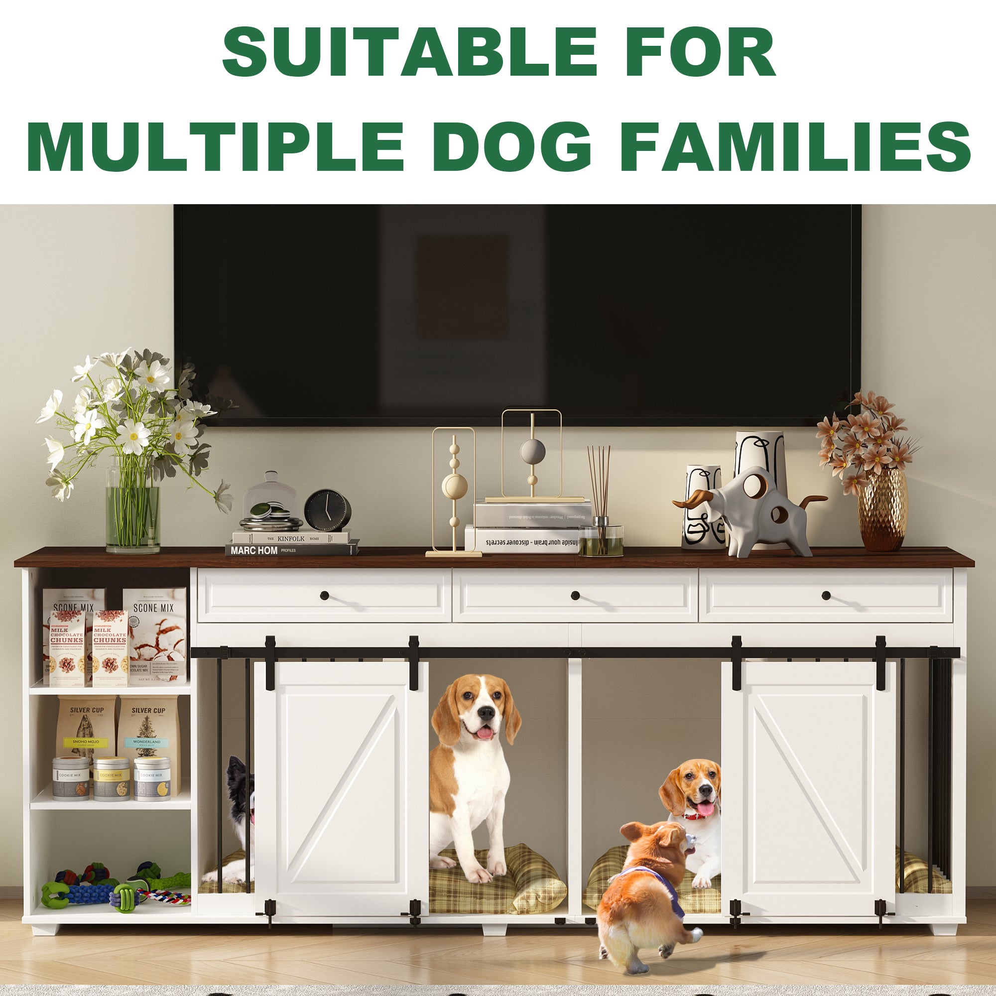 Stylish Large Dog Crate Furniture with 3 Storage Drawers & 4 Compartments - Perfect for Living Room, Bedroom or Office Pet Space Organization