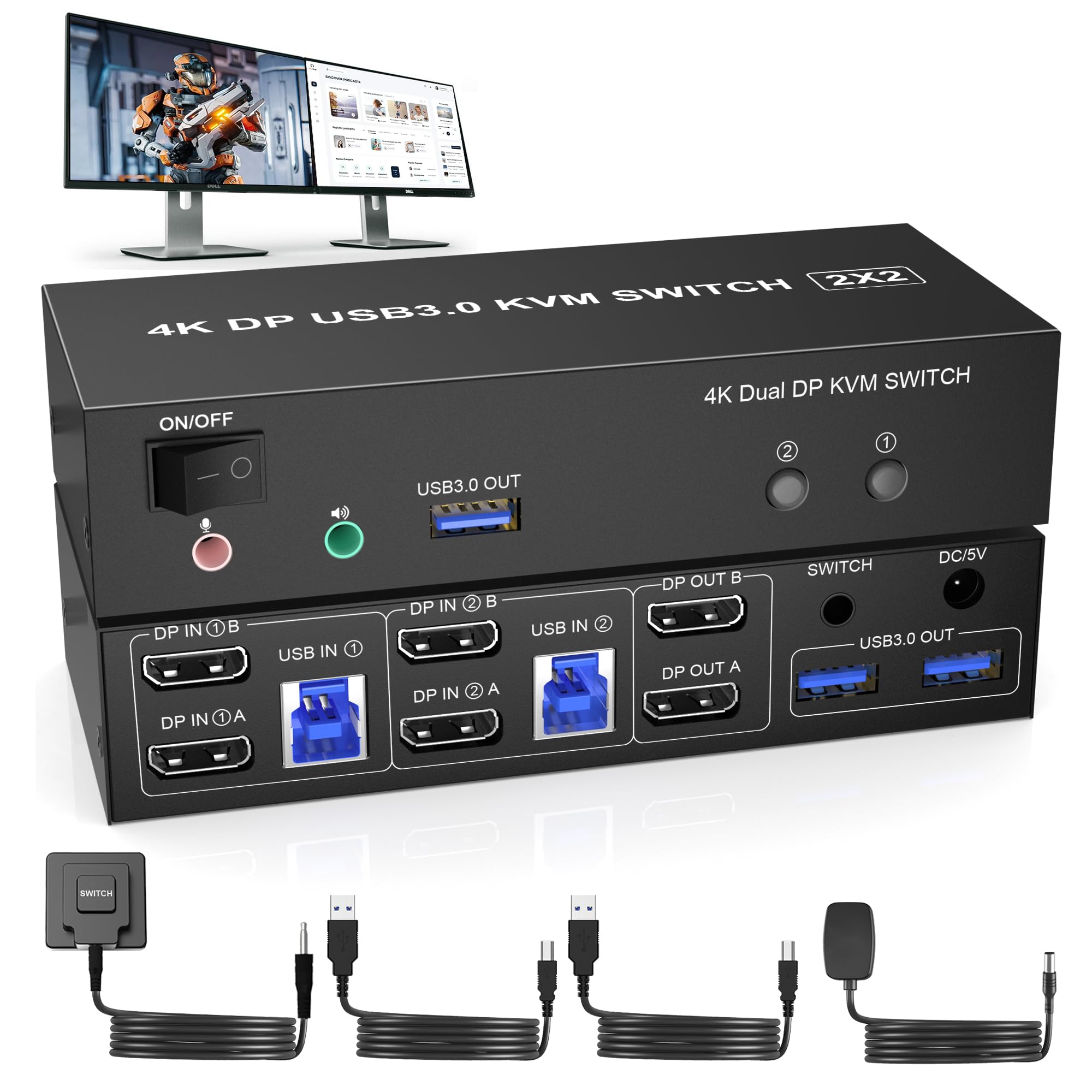 High-Speed USB 3.0 DisplayPort KVM Switch - Dual Monitor 4K@60Hz Support for 2 Computers, Extended & Mirrored Display with Audio/Microphone Output & 3 USB 3.0 Ports - Perfect for Home Office, Gaming Setup & Multi-Device Workspaces