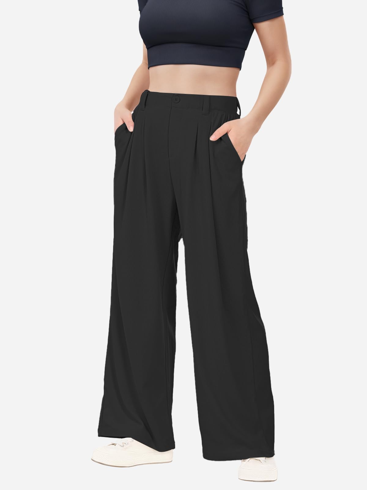 Keriffe Women's Wide Leg Work Pants - High Waisted Waffle Knit Button Down Palazzo Trousers with Pockets | Comfortable Casual Dress Pants for Office, Travel & Everyday Wear