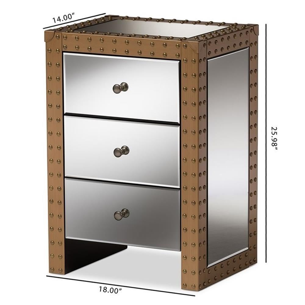 BOWERY HILL 3 Drawer Mirrored Nightstand - Silver & Natural Finish - Modern Bedside Table for Bedroom Decor & Storage