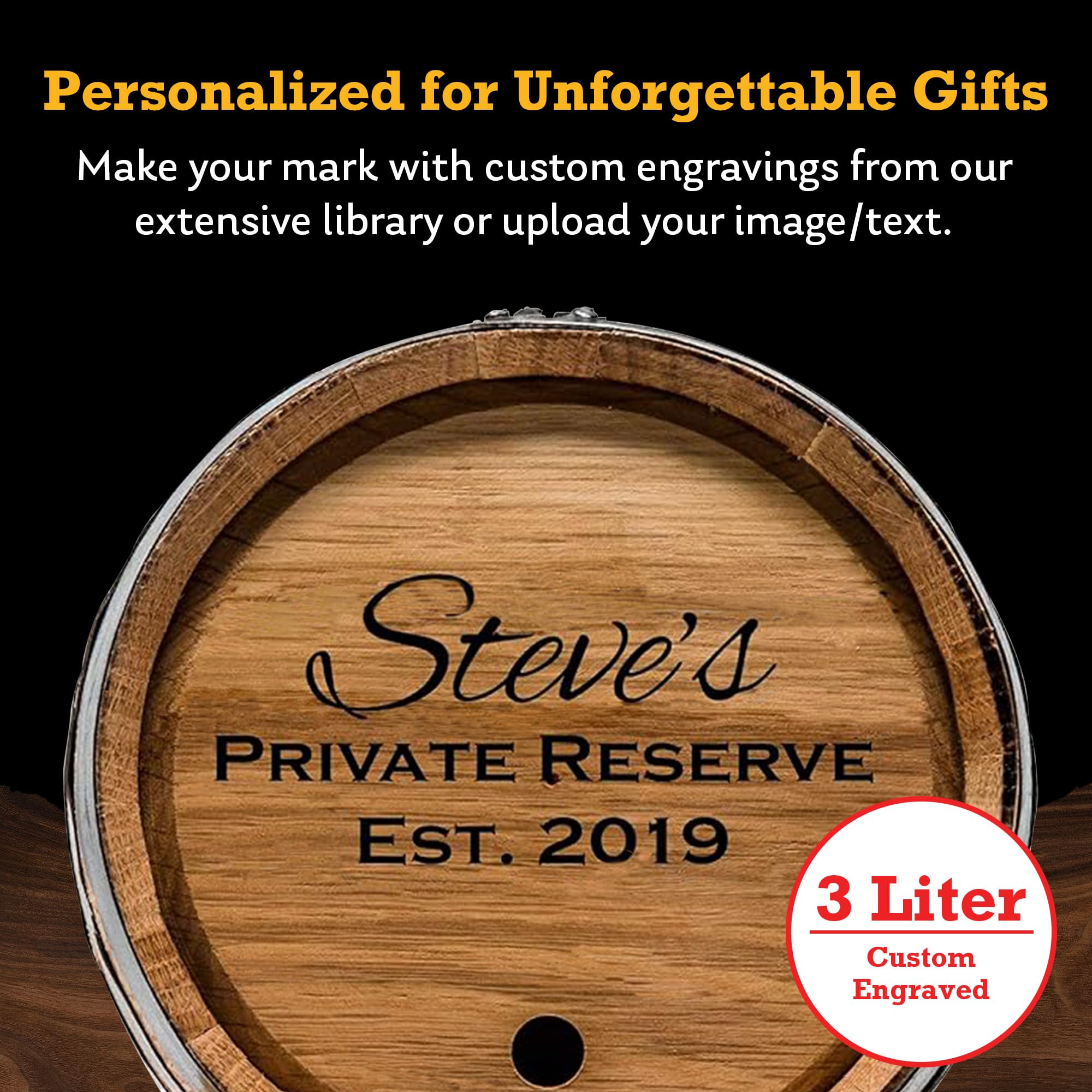 Custom Engraved 3 Liter Oak Barrels for Aging Whiskey, Rum, Tequila & Bourbon - Charred Oak Barrel for Home Distilling, Scotch & Wine - Personalized Gift for Whiskey Lovers & Home Brewers - Perfect for Home Bar, Man Cave & Distillery Decor