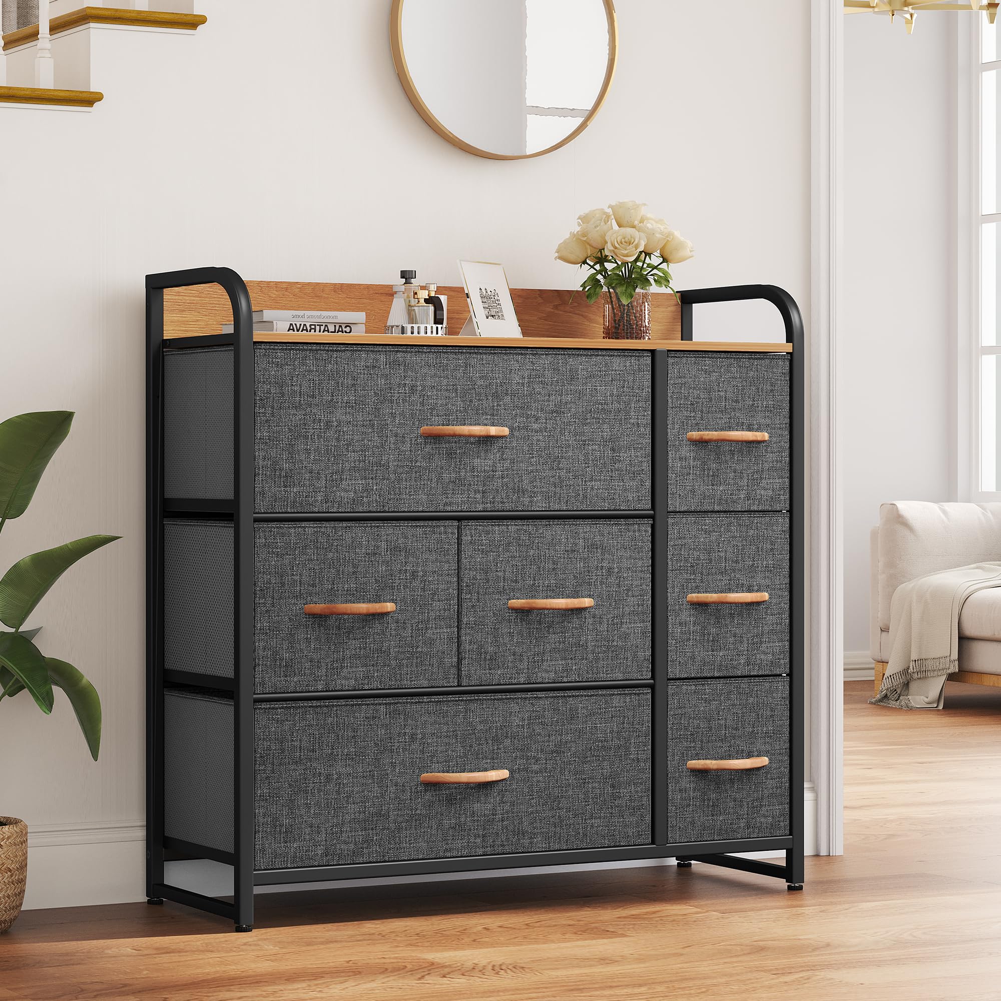 YITAHOME 7-Drawer Storage Dresser with Sturdy Steel Frame & Wooden Top - Fabric Bin Organizer for Bedroom, Living Room, Hallway & Closet - Easy Pull Drawers, Space Saving Furniture for Small Apartments & Dorm Rooms (Grey)