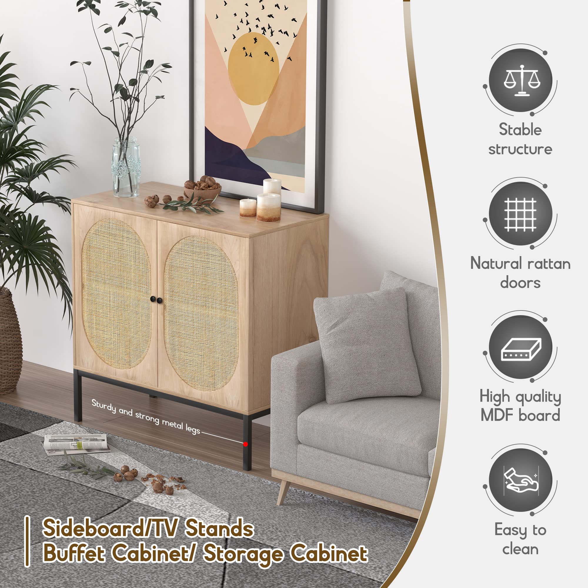 XIAO WEI Rattan Storage Cabinet with Doors - Modern Boho Farmhouse Accent Sideboard Buffet Cabinet with Metal Legs, Natural Finish - Perfect for Living Room, Hallway, Kitchen & Dining Room Storage & Decor