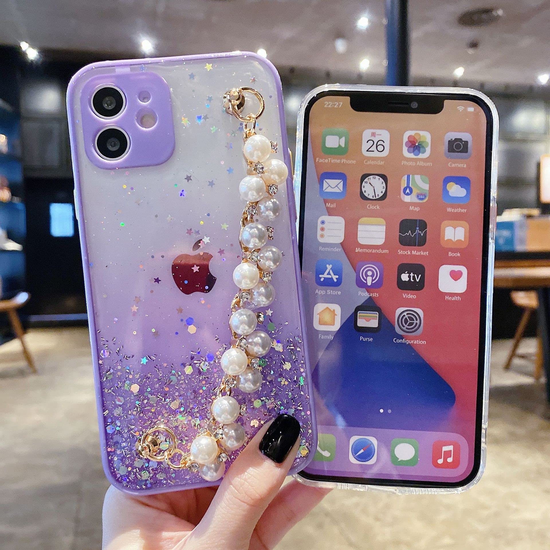 Sparkly Glitter Clear Phone Case for iPhone 13 Pro Max - Cute Bling Star Design with Pearl Chain Bracelet Strap, Soft TPU Shockproof Protective Cover (Pink) - Perfect Gift for Women & Girls, Great for Parties, Daily Use & Fashion Accessories