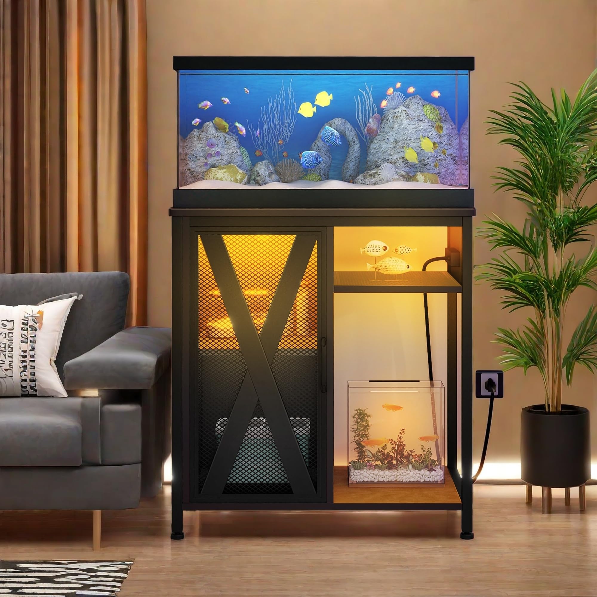 YITAHOME 20-29 Gallon Metal Aquarium Stand with Power Outlets & LED Light - Heavy Duty Fish Tank Stand with Storage Cabinet for Turtle Tanks, Reptile Terrariums - 350LBS Capacity, Black - Perfect for Home, Office & Pet Store Displays