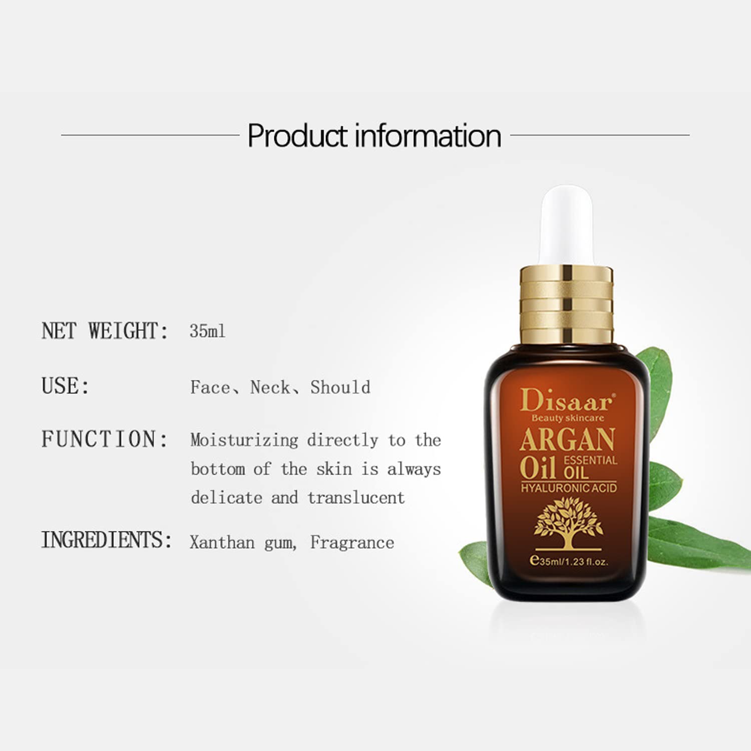 Pure Moroccan Argan Oil with Hyaluronic Acid - Anti-Aging, Anti-Wrinkle, Moisturizing & Repairing Facial Serum (35ml/1.23oz) - For Dry Skin, Night Care & Daily Hydration