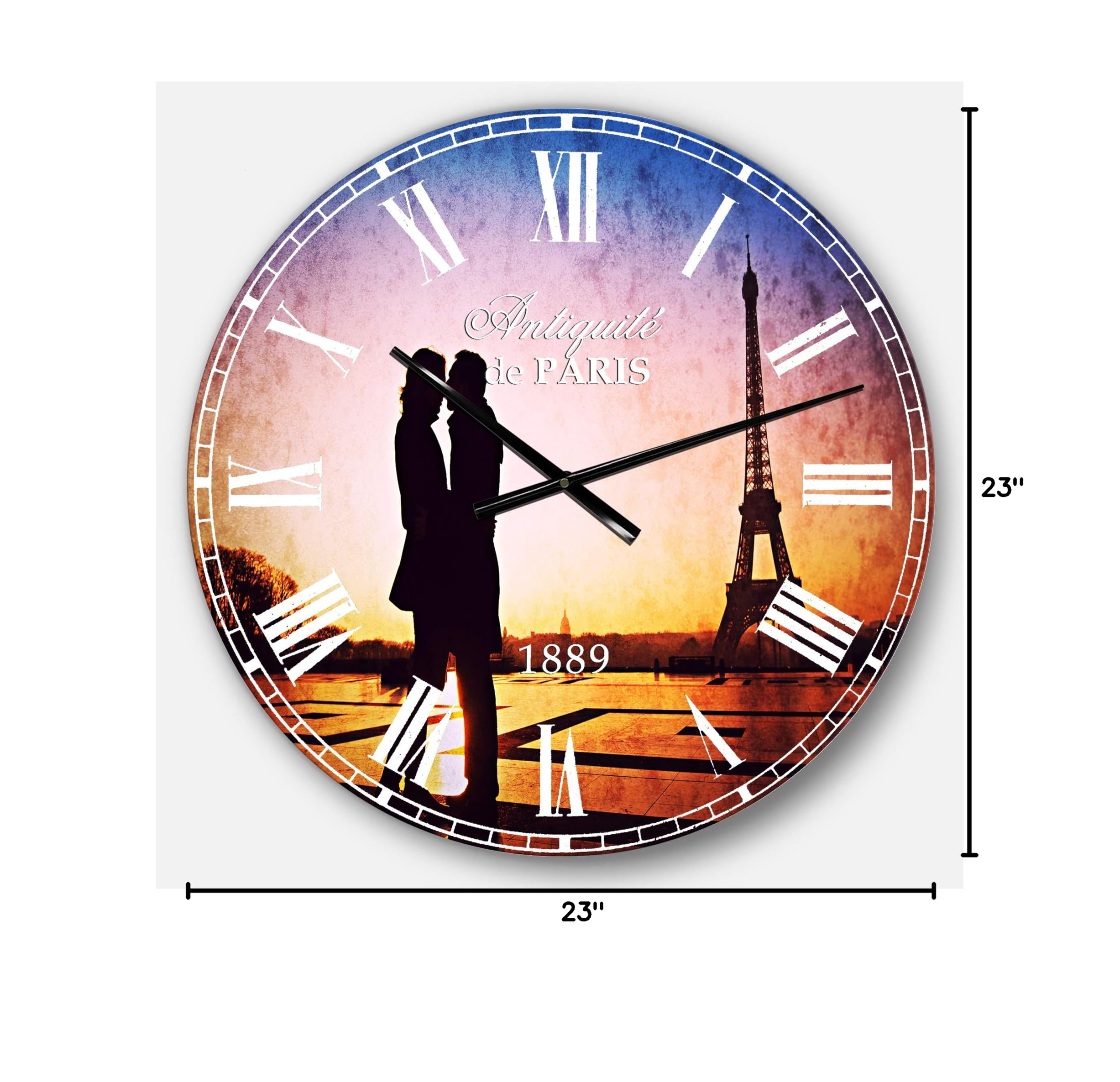 Designart Eiffel Tower Kissing Couple Wall Clock - French Country Round Metal Wall Art for Home, Living Room, Bedroom & Office Decor | Romantic Parisian Theme for Couples' Spaces & Gift Giving