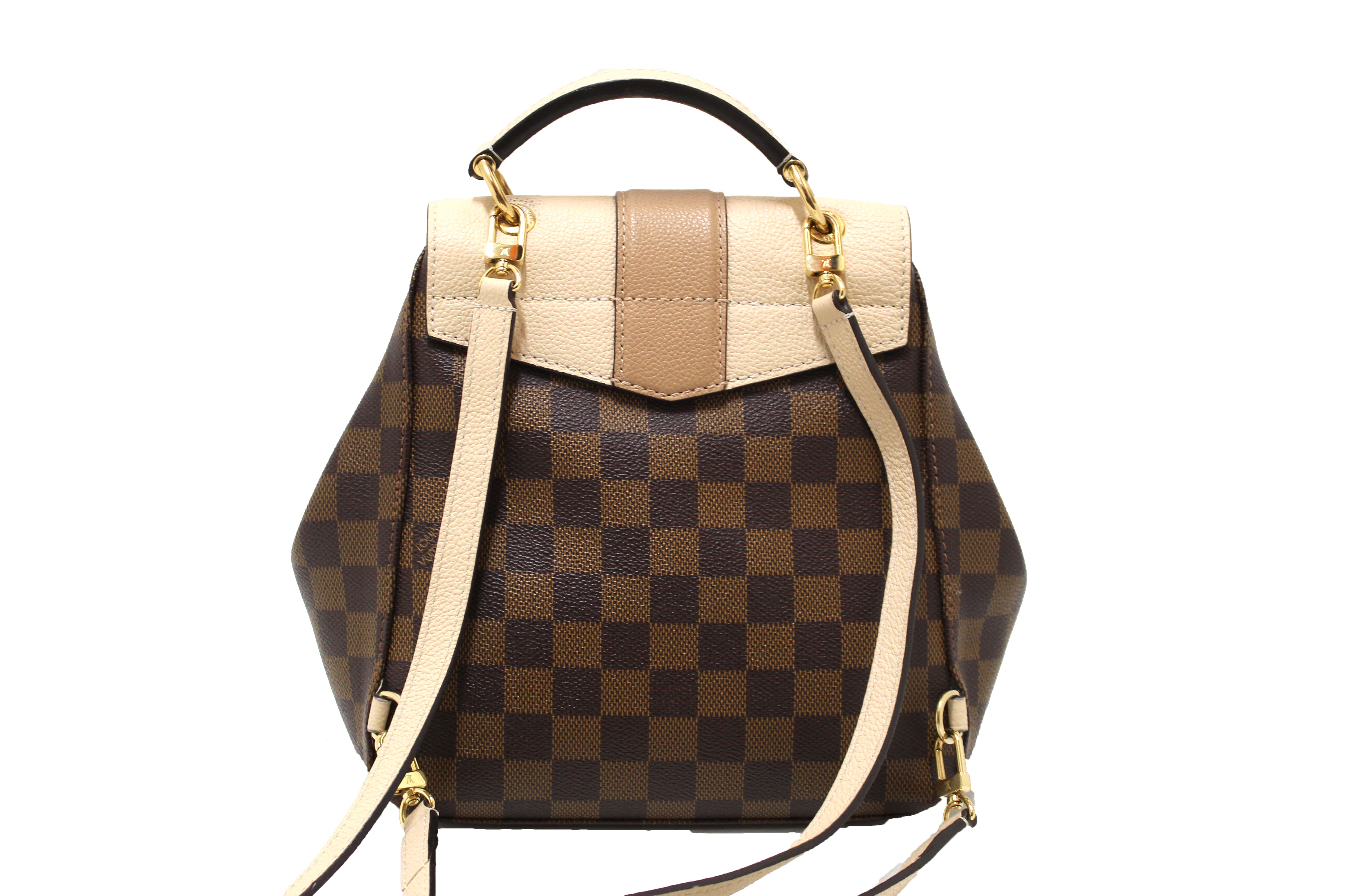 Authentic Louis Vuitton Damier Ebene Canvas & Cream Leather Clapton Backpack for Women - Luxury Designer Travel Bag for Work, School & Everyday Use