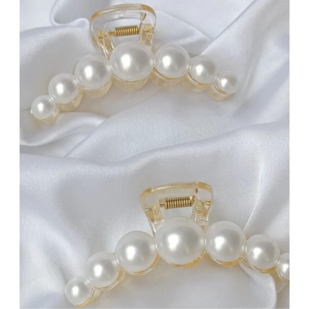 Korean Style 10.5CM Big Pearl Plastic Hair Claw Clips - 2 Piece Combo, Strong Hold Hair Jaw Clips XL Size Barrettes for Women, Thick & Thin Hair Styling Clamp - Perfect for Updos, Ponytails & Everyday Hairstyles