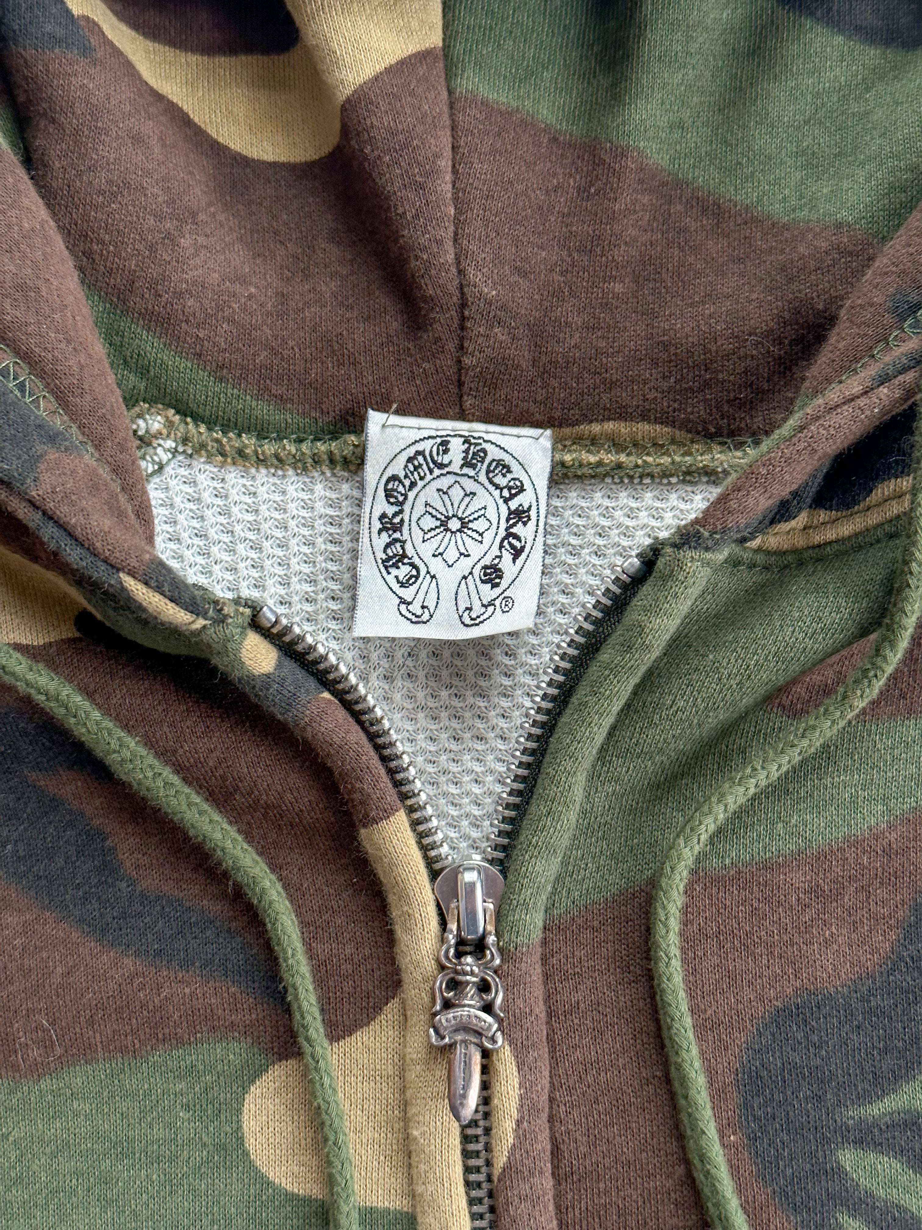 Chrome Hearts Green Camouflage Cross Patch Hoodie with Horseshoe Logo - Stylish Zip Up Sweatshirt for Streetwear & Urban Fashion