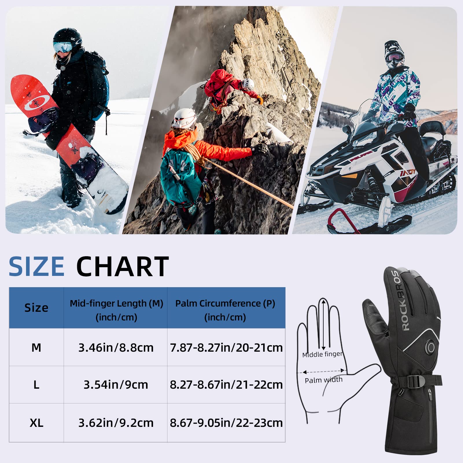 ROCKBROS Electric Heated Gloves for Men & Women - Rechargeable Battery Thermal Mittens, Waterproof & Touchscreen Compatible - Winter Warm Gloves for Cycling, Skiing, Snowboarding & Outdoor Activities in Cold Weather