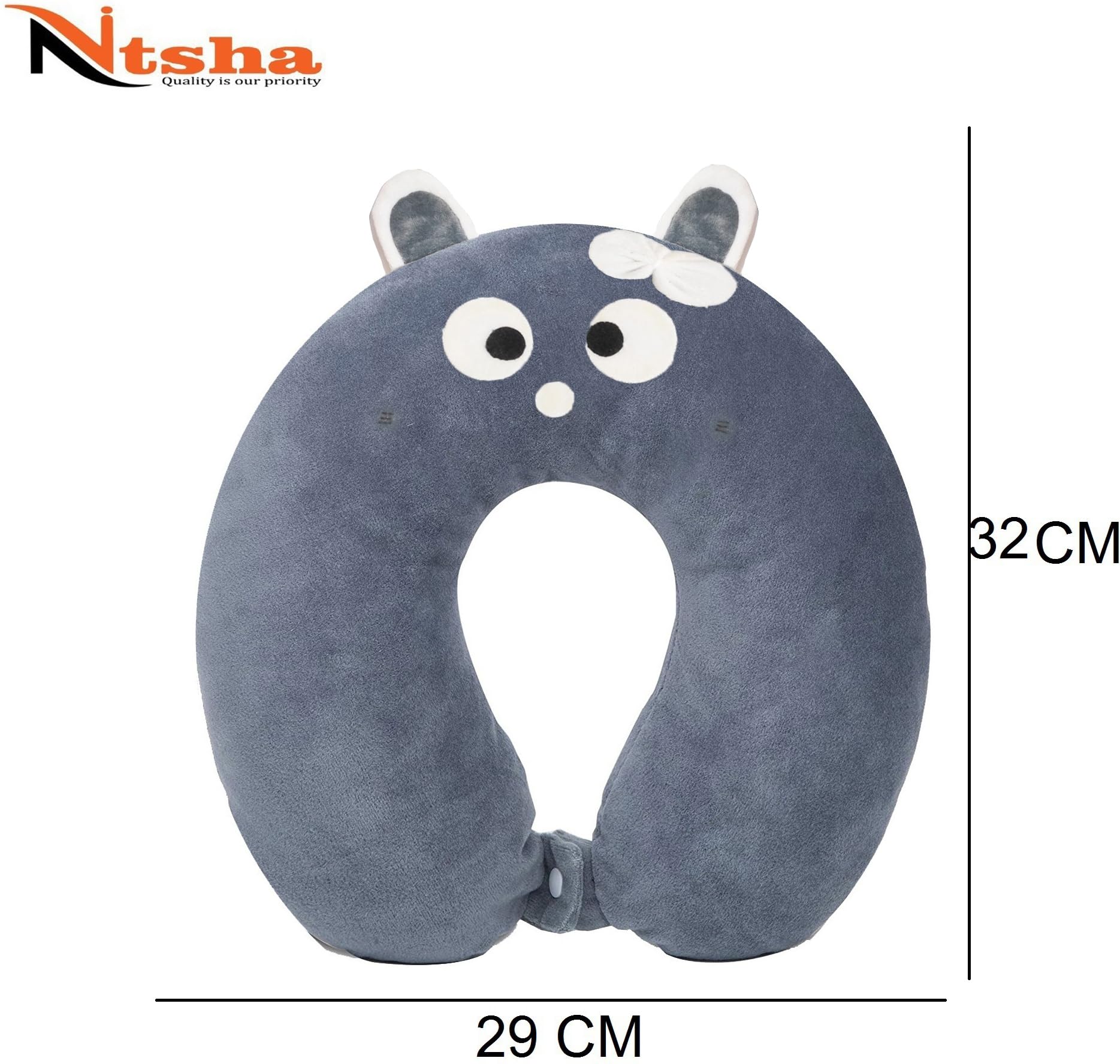Nitsha Velvet Cute Cartoon Neck Pillow & Sleeping Eye Mask Set - Soft Travel Pillow for Airplane, Office & Home Use - Grey Comfort Combo for Men & Women