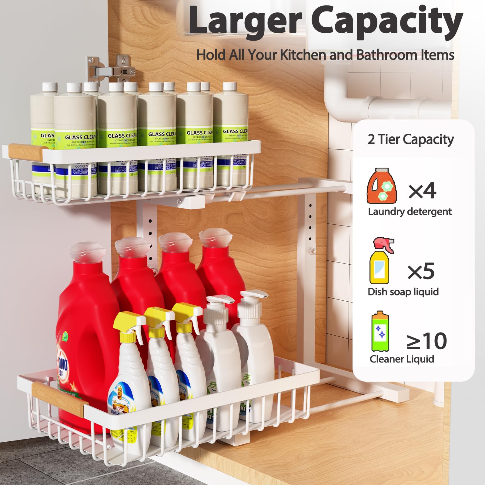 2-Pack Under Sink Organizer with Slide-Out Shelves | Adjustable Height Pull-Out Cabinet Drawers | White Metal Storage Shelf for Kitchen & Bathroom | Perfect for Maximizing Under-Sink Space & Organizing Cleaning Supplies