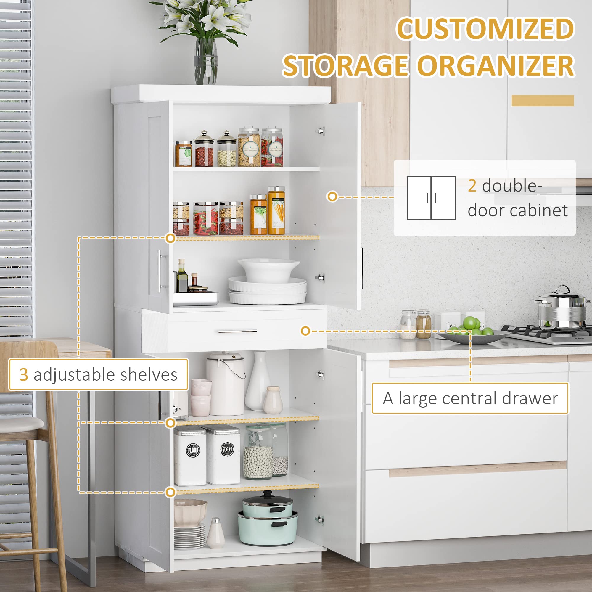 HOMCOM 72 Inch White Kitchen Pantry Cabinet - Freestanding Tall Storage Cabinet with 4 Doors, 1 Drawer & 3 Adjustable Shelves for Dining Room, Kitchen Organization - Perfect for Storing Food, Dishes & Small Appliances