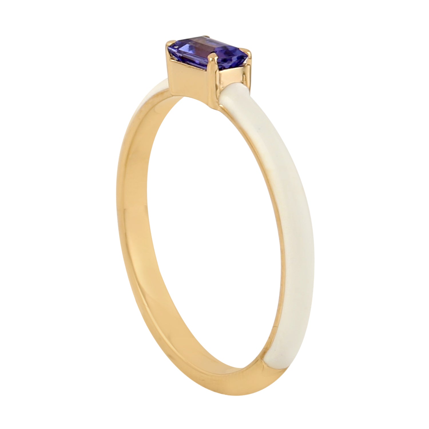 14K Yellow Gold Baguette Cut Tanzanite Gemstone White Enamel Band Ring for Women | Elegant Wedding, Engagement, Anniversary Jewelry Gift
