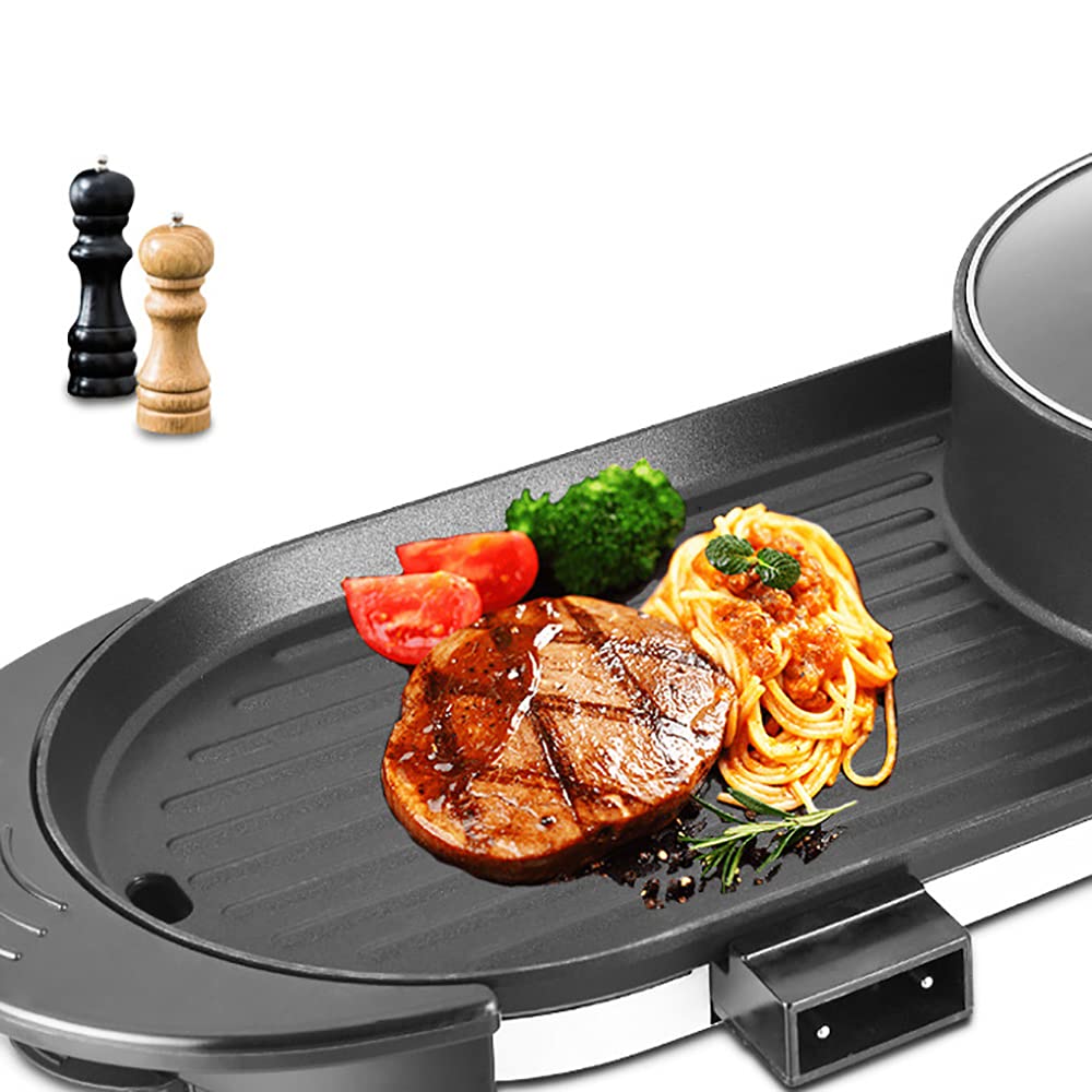 2 in 1 Portable Electric Hot Pot with Grill & Soup Pot - 1100W 110V Non-Stick Teppanyaki Grill for Indoor BBQ, Camping & Dorm Cooking - Multifunctional Electric Barbecue Grill for Hot Pot, Shabu Shabu & Korean BBQ