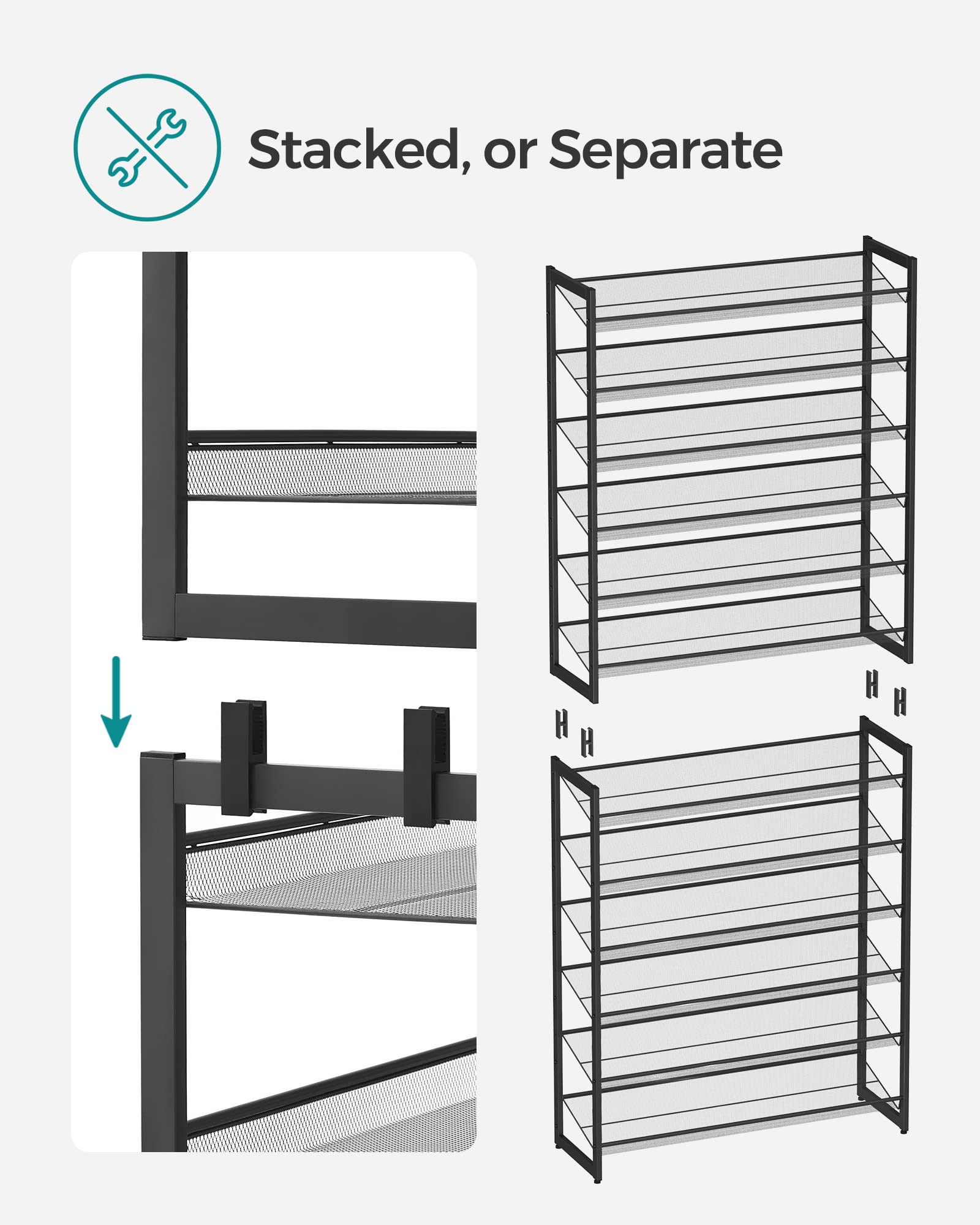 SONGMICS 12-Tier Metal Shoe Rack Organizer - Stackable Shoe Storage Shelf for Entryway, Garage & Closet - Adjustable Flat/Angled Shelves Holds 48-60 Pairs (Set of 2, Black ULMR12B) - Perfect for Small Spaces & Shoe Collection Organization