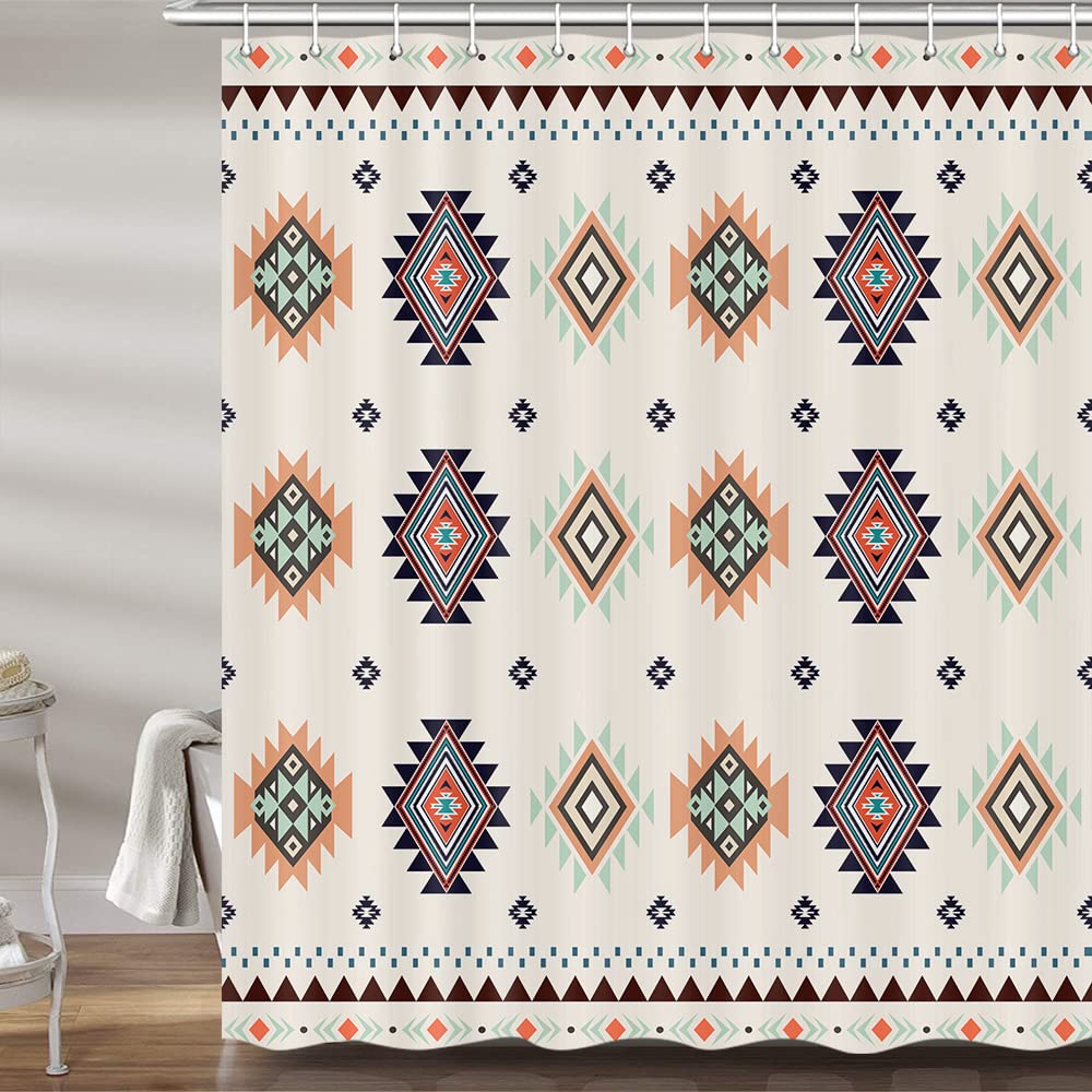 Aztec Western Shower Curtain Set - 60x70 Inch Beige Southwestern Tribal Native American Fabric Bathroom Decor with Hooks | Bohemian Southwest Style for Bathroom & Restroom Decor | Perfect for Western, Rustic, or Boho Themed Homes
