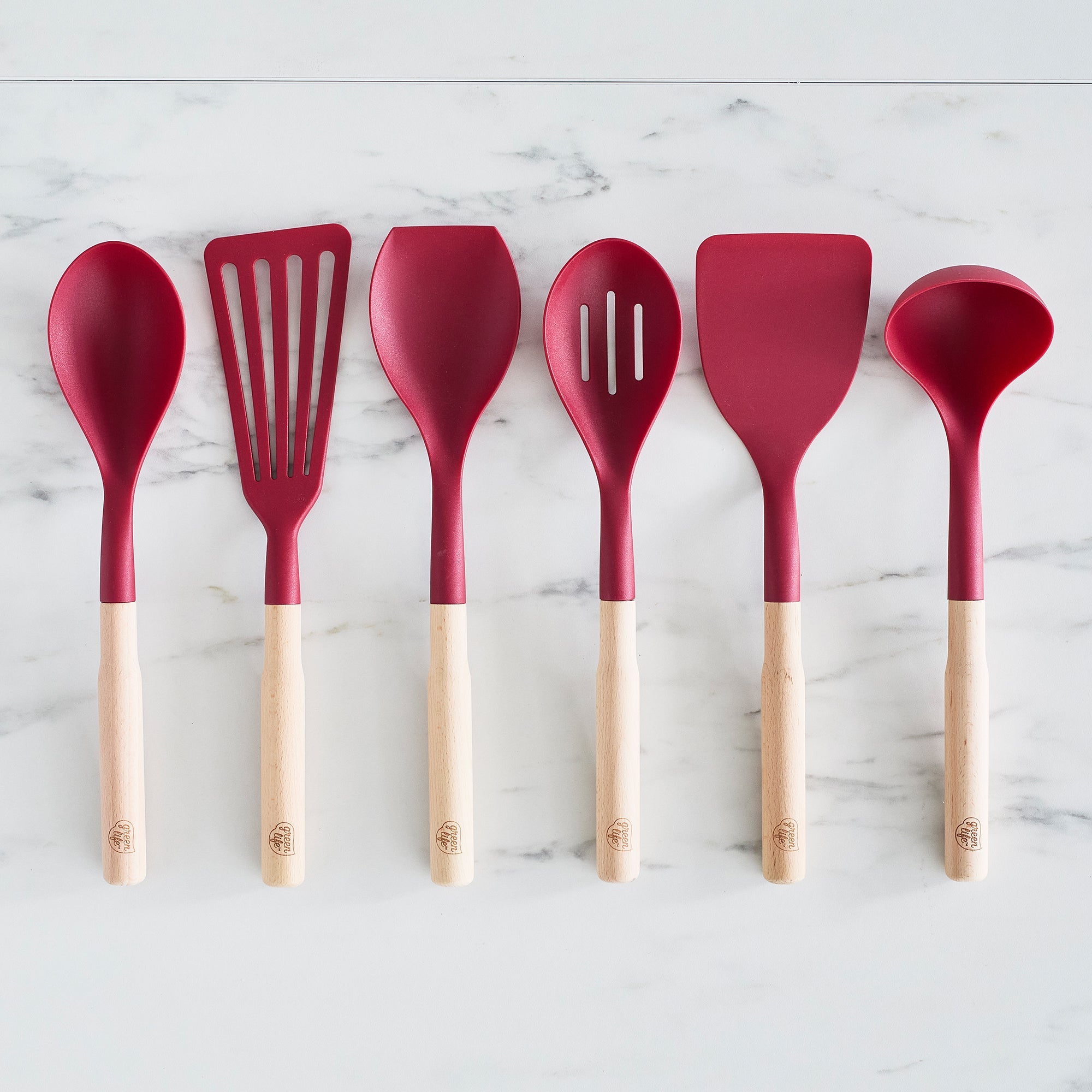 GreenLife Non-Toxic Nylon & Wooden Cooking Utensil Set with Ceramic Holder - 7 Piece Kitchen Tools for Sauteing, Stirring & Serving - BPA-Free & Heat-Resistant (Red) - Perfect for Home Chefs & Healthy Cooking