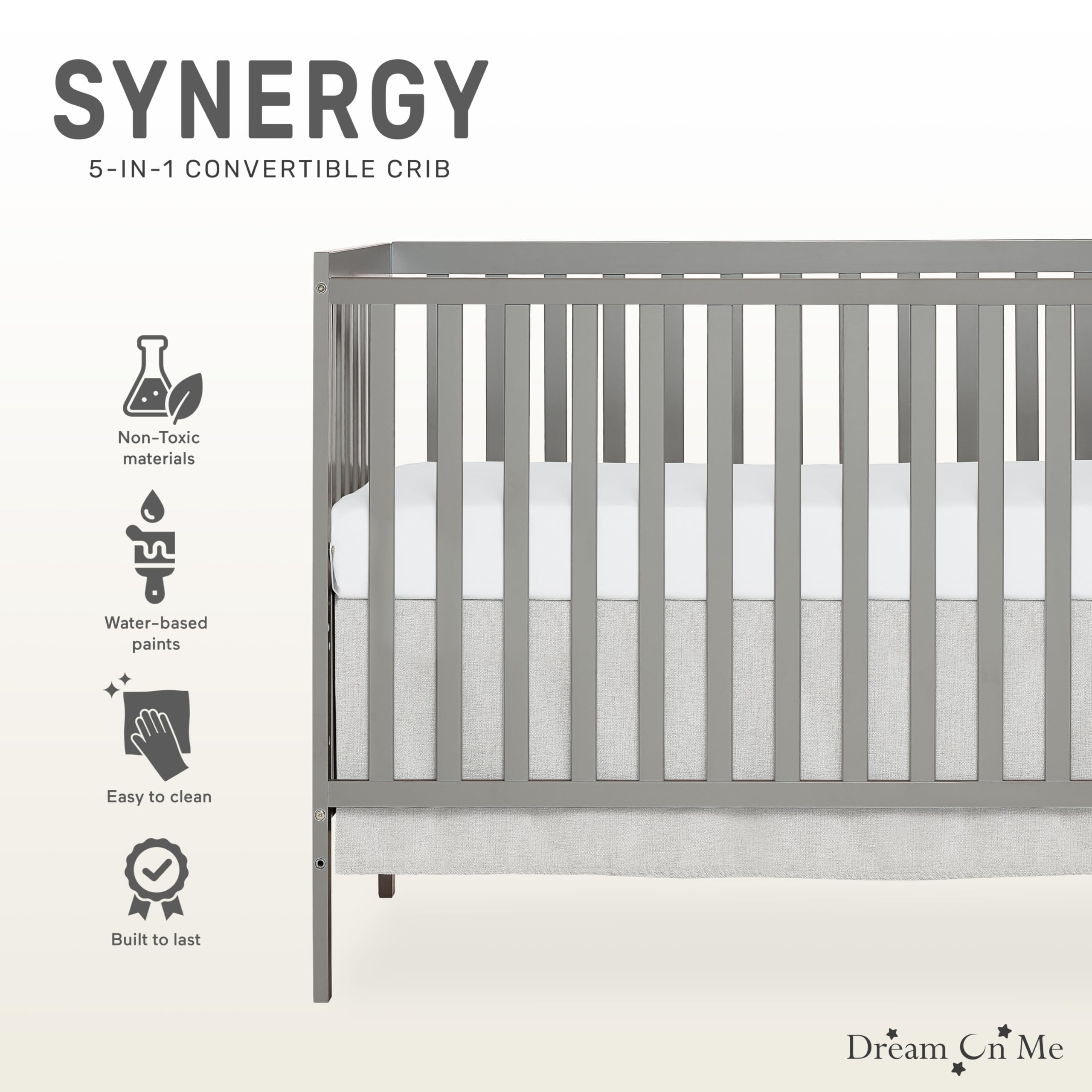 Dream On Me Synergy 5-in-1 Convertible Crib - Cool Grey | JPMA & Greenguard Gold Certified | Solid Reclaimed New Zealand Pine Wood | 3 Adjustable Mattress Heights | Perfect for Nursery, Bedroom & Daycare Use