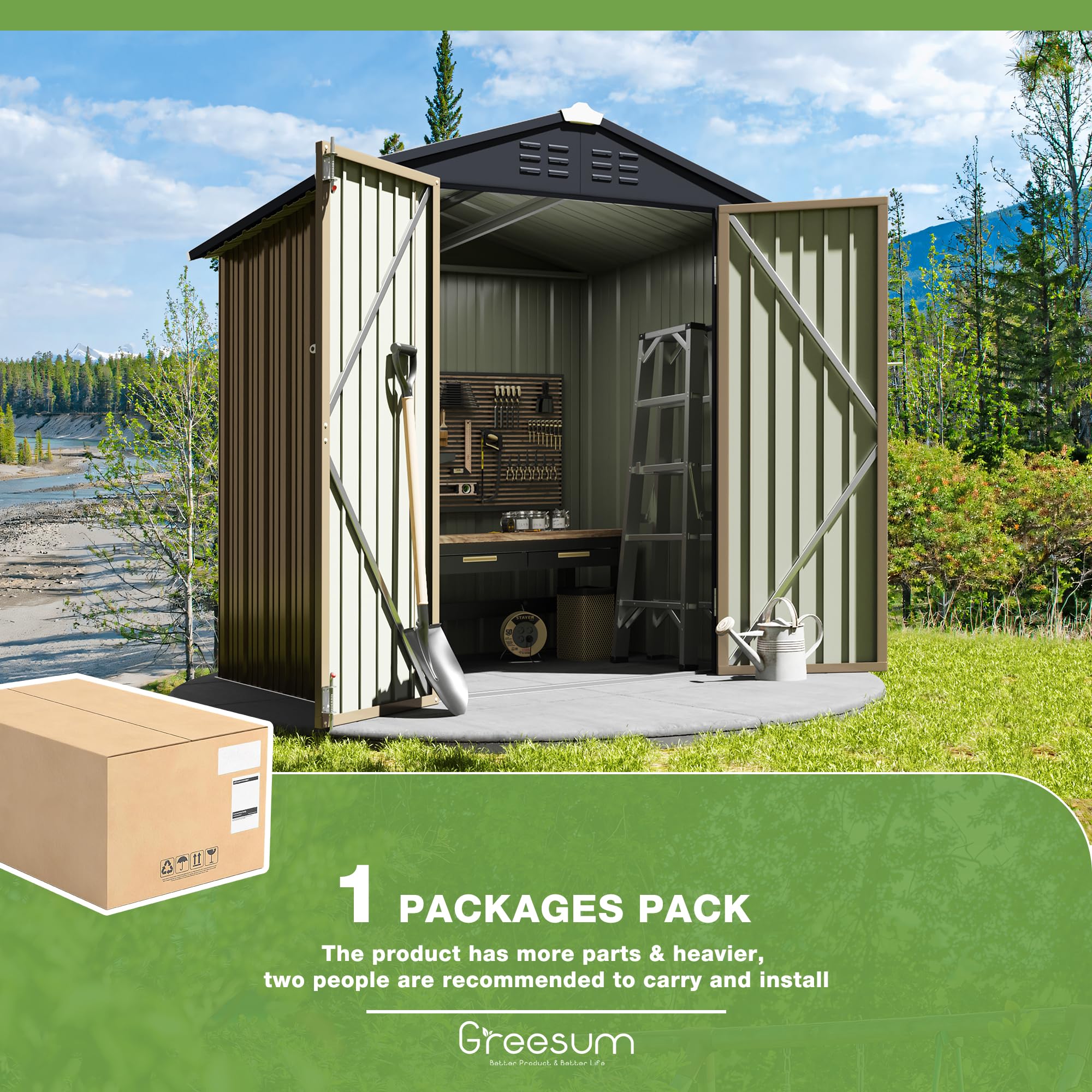Greesum 6x4 ft Outdoor Storage Shed - Metal Utility Tool & Garden Shed with Lockable Door for Patio, Backyard & Lawn Organization (Brown) | Weatherproof Storage Solution for Gardening Tools, Equipment & Seasonal Items