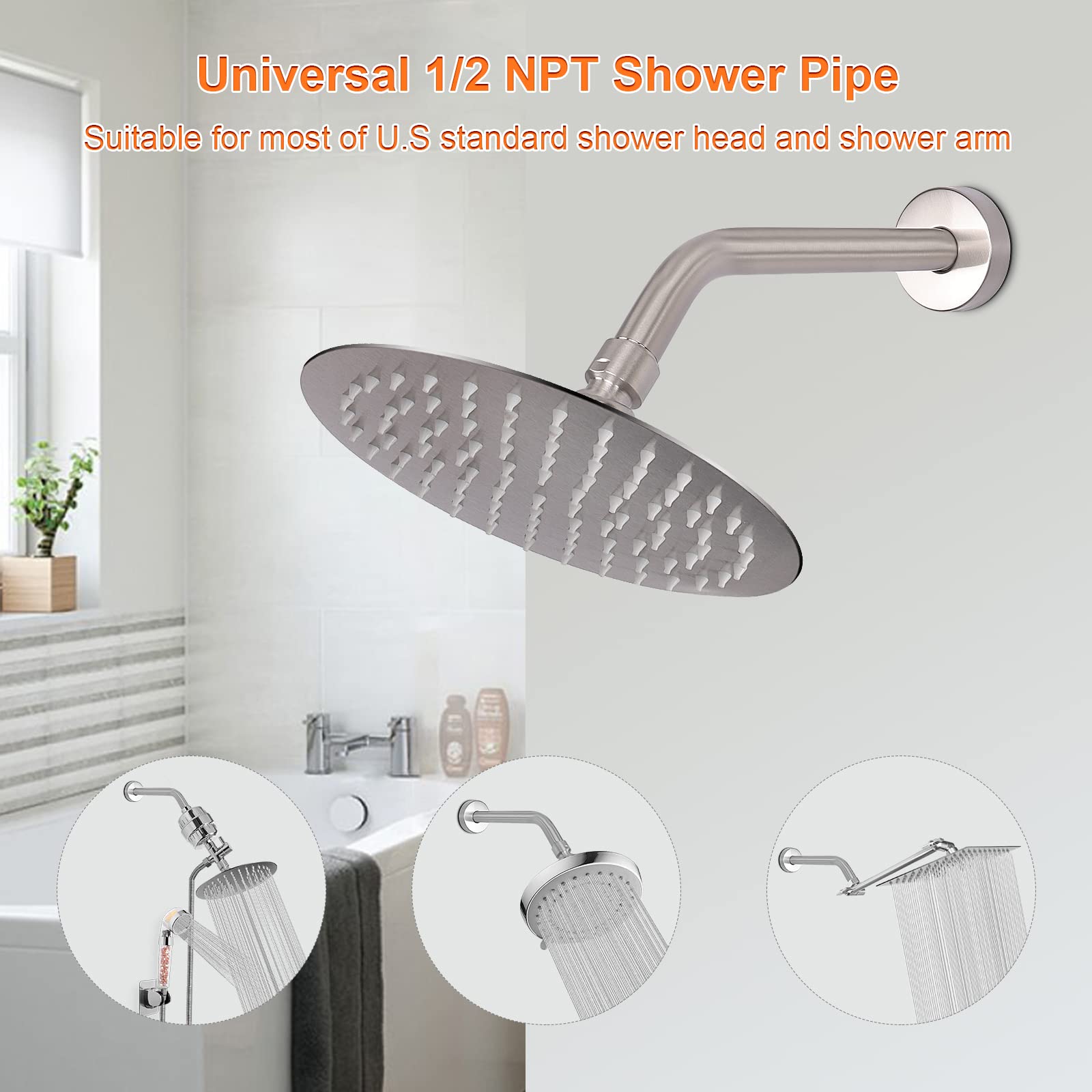 HarJue 8 Inch Brushed Nickel Shower Arm with Flange & Teflon Tape - 304 Stainless Steel Wall Mounted Extension Pipe for Fixed/Handheld Shower Heads - Perfect for Bathroom Renovation & Modern Shower Upgrades