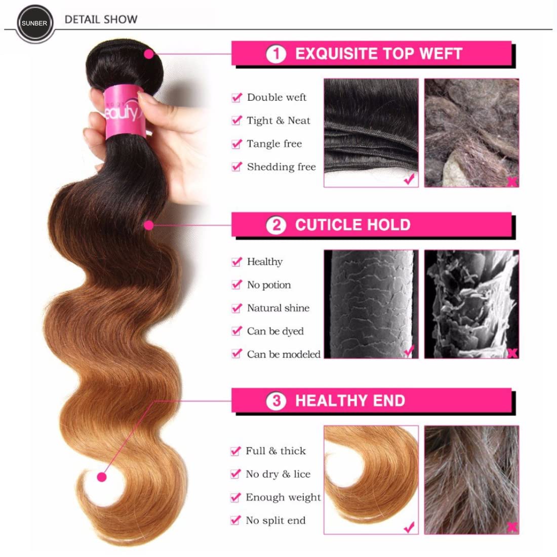 Sunber 12A Grade Ombre Body Wave 3 Bundles Brazilian Virgin Human Hair Extensions - 3 Tone Mixed 1B/4/27 Color (20 22 24 Inch) for Stunning Blended Highlights | Perfect for Salon Styling, Weddings & Everyday Glam
