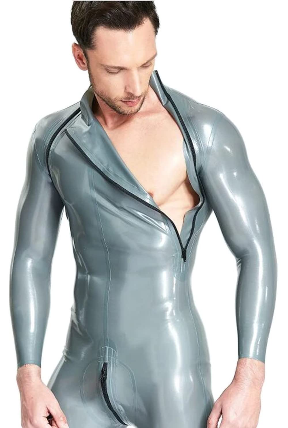Natural Latex Rubber Male Shoulder-Zip Catsuit with Double-Diagonal Zippers | Full Bodysuit Jumpsuit for Fetish, Cosplay & Party Wear | Perfect for BDSM, Roleplay & Nightclub Outfits