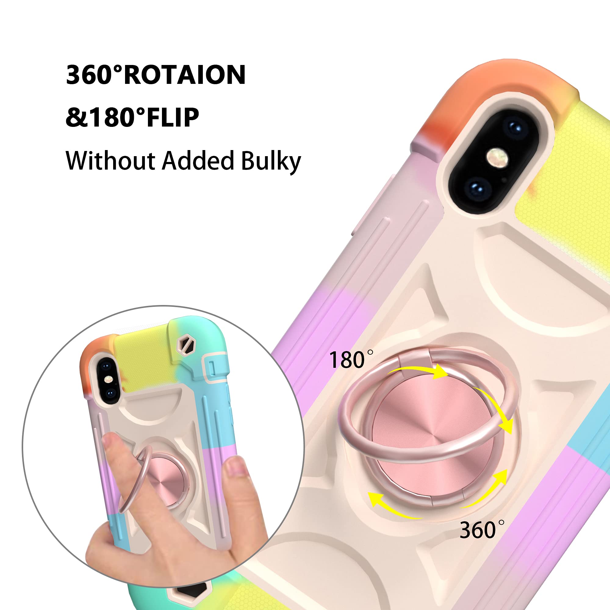 Premium iPhone Xs Max Case 6.5 Inch with Ring Stand & 2 Pack Tempered Glass Screen Protector - Military Grade Shockproof Rugged Cover with Magnetic Car Mount (Rainbow Pink) - Perfect for Outdoor Activities, Travel & Daily Protection