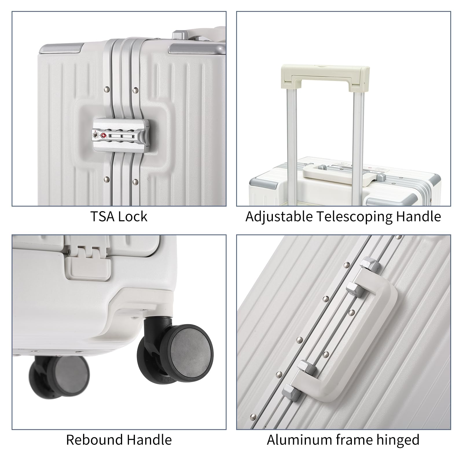 YUNASAY 20 Inch Hardside Spinner Carry On Luggage - Lightweight Aluminum Frame, TSA Lock, USB Port, Front Pocket, Cup & Phone Holder - Perfect for Air Travel & Business Trips (White)