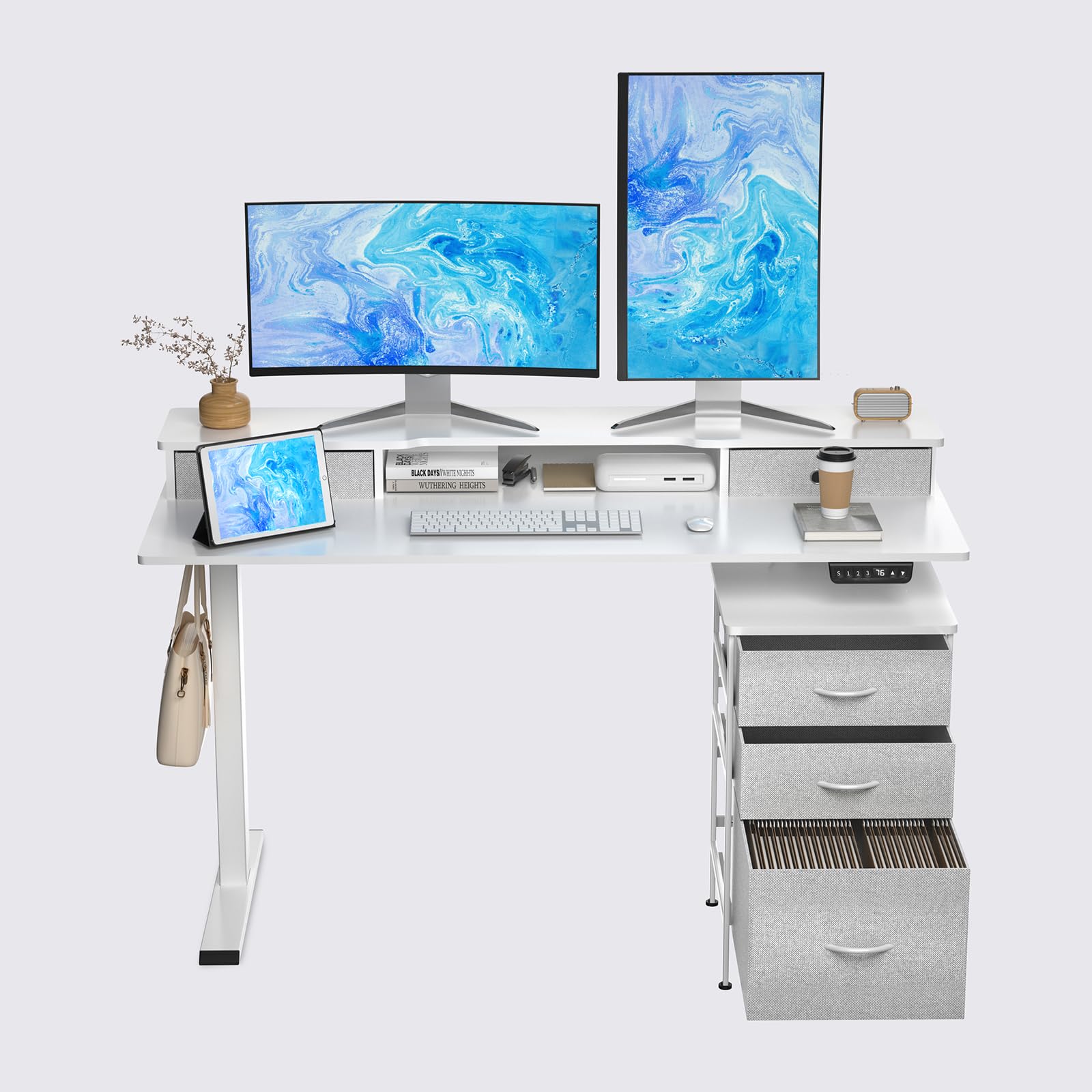 55 Inch Electric Height Adjustable Standing Desk with Cabinet & Drawers - Smart Home Office Computer Desk with Monitor Shelf, White - Perfect for Remote Work, Gaming & Ergonomic Workspace Setup