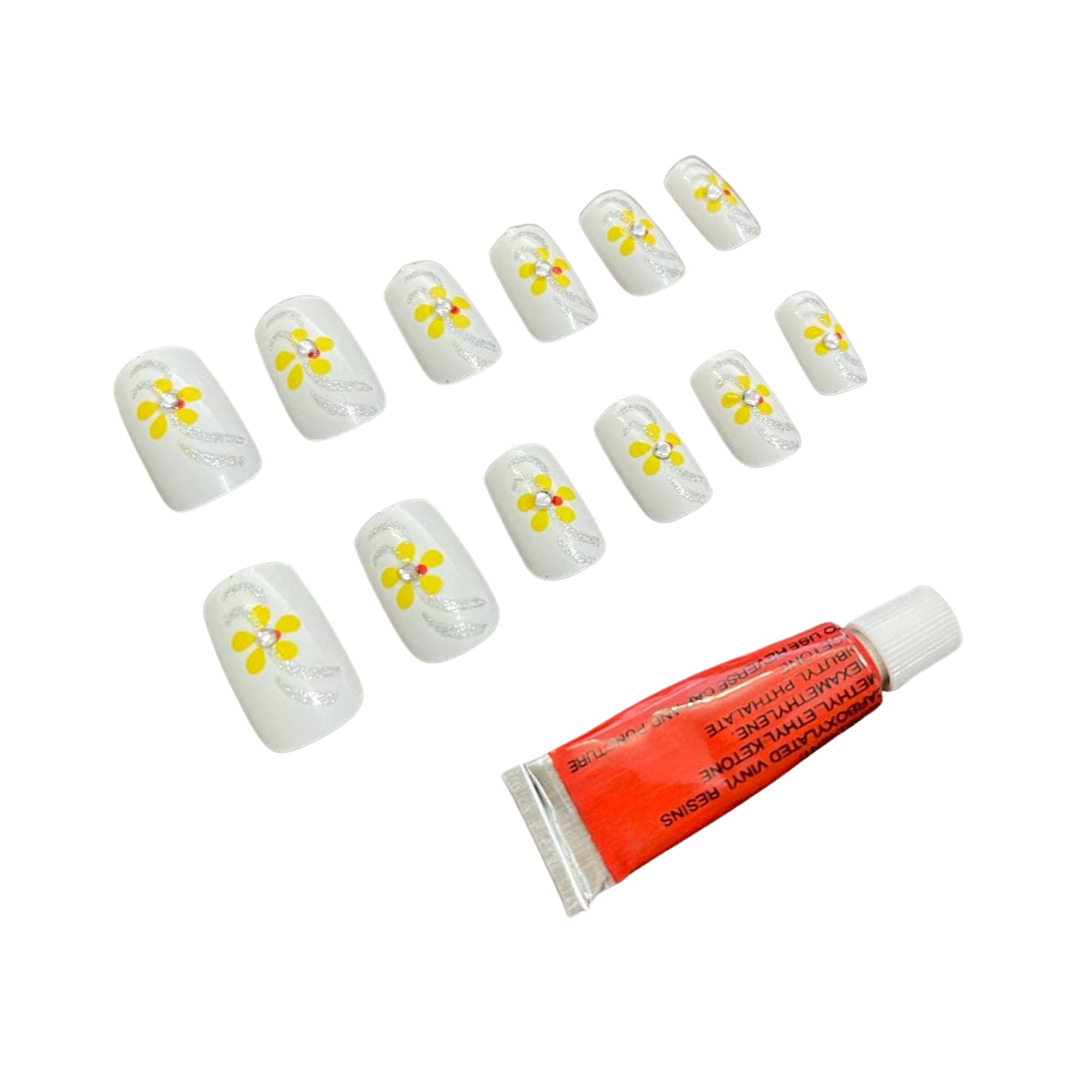 12-Piece Square False Nails - French Ballerina Design with Glue | Full Cover Press On Nails in White Base & Yellow Flower Pattern | Perfect for Parties, Weddings & Special Occasions